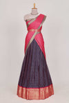 Pink and Violet Chettinad Art Cotton Half Saree with Gold Zari Checks Traditional Border and Elegant Woven Detailing Shawl with a Waist Belt