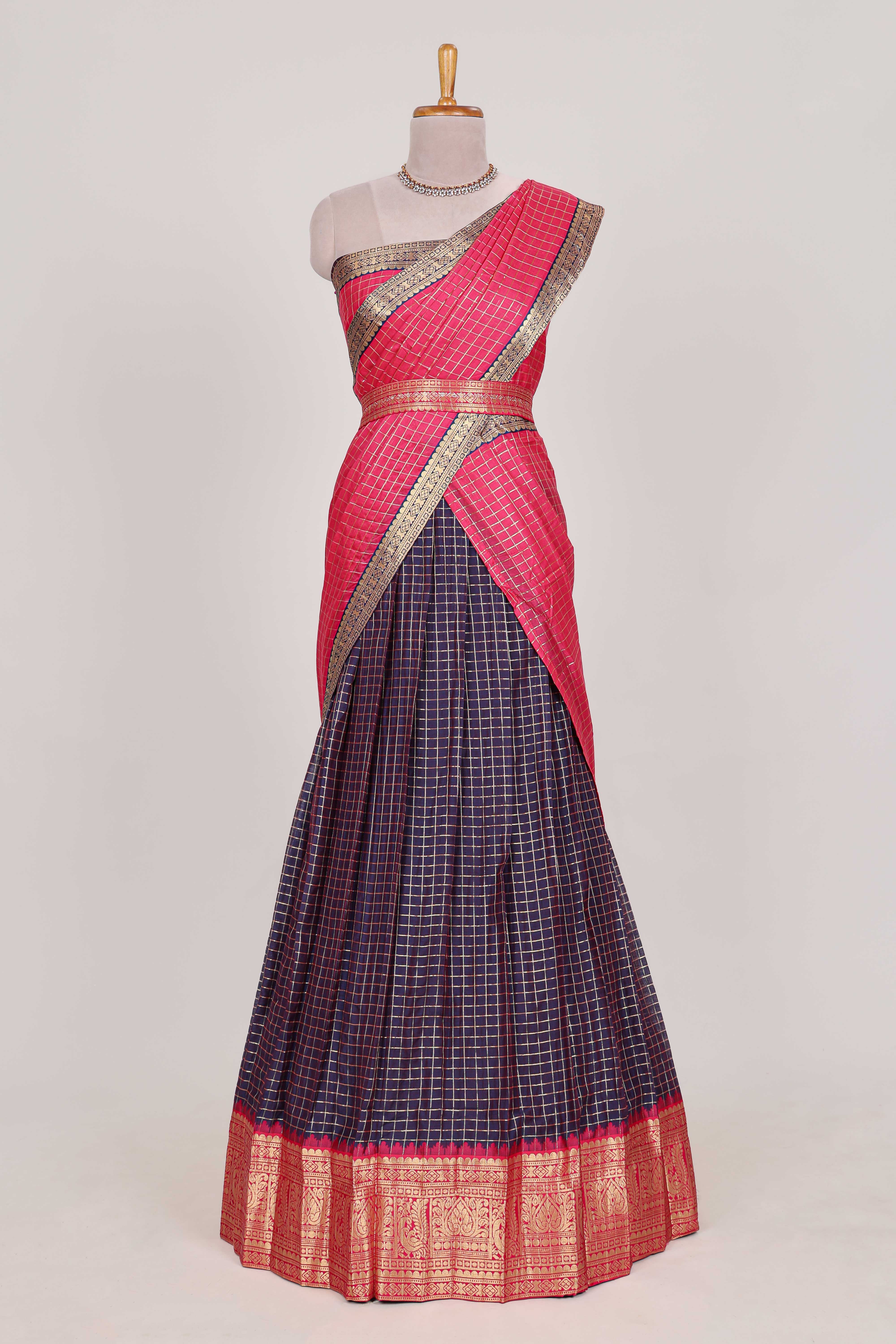 Pink and Violet Chettinad Art Cotton Half Saree with Gold Zari Checks Traditional Border and Elegant Woven Detailing Shawl with a Waist Belt