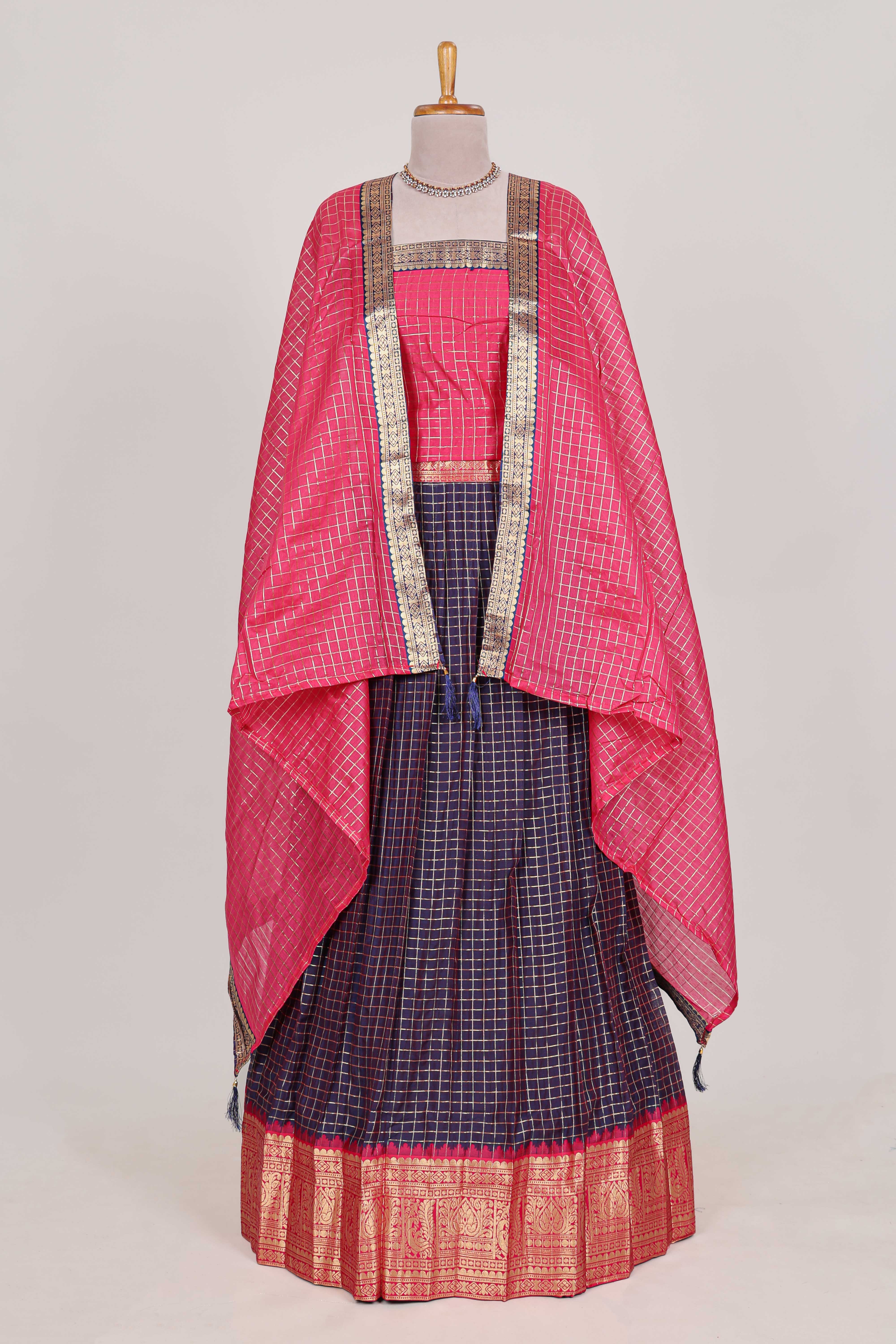 Pink and Violet Chettinad Art Cotton Half Saree with Gold Zari Checks Traditional Border and Elegant Woven Detailing Shawl with a Waist Belt