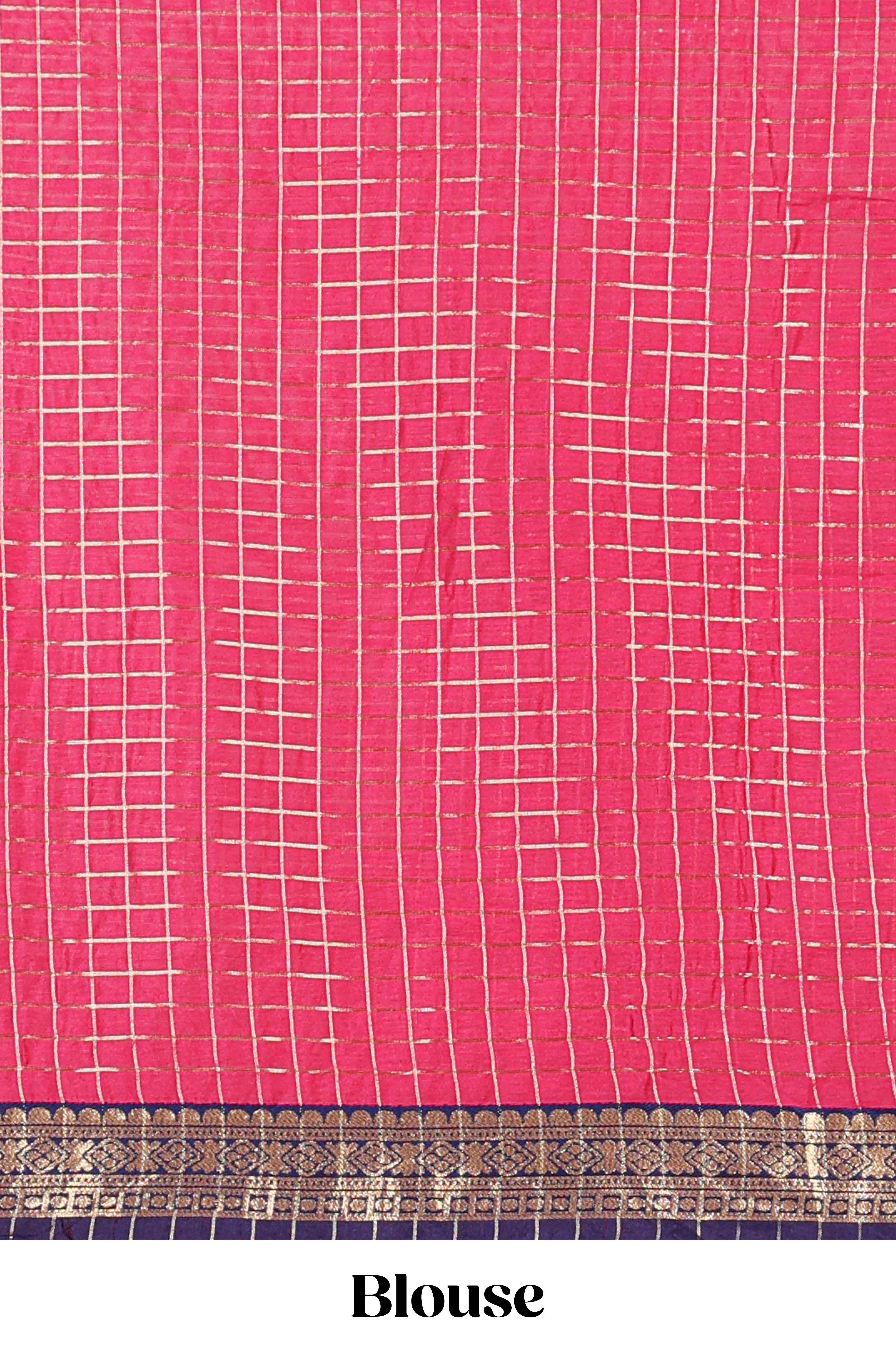 Pink and Violet Chettinad Art Cotton Half Saree with Gold Zari Checks Traditional Border and Elegant Woven Detailing Shawl with a Waist Belt