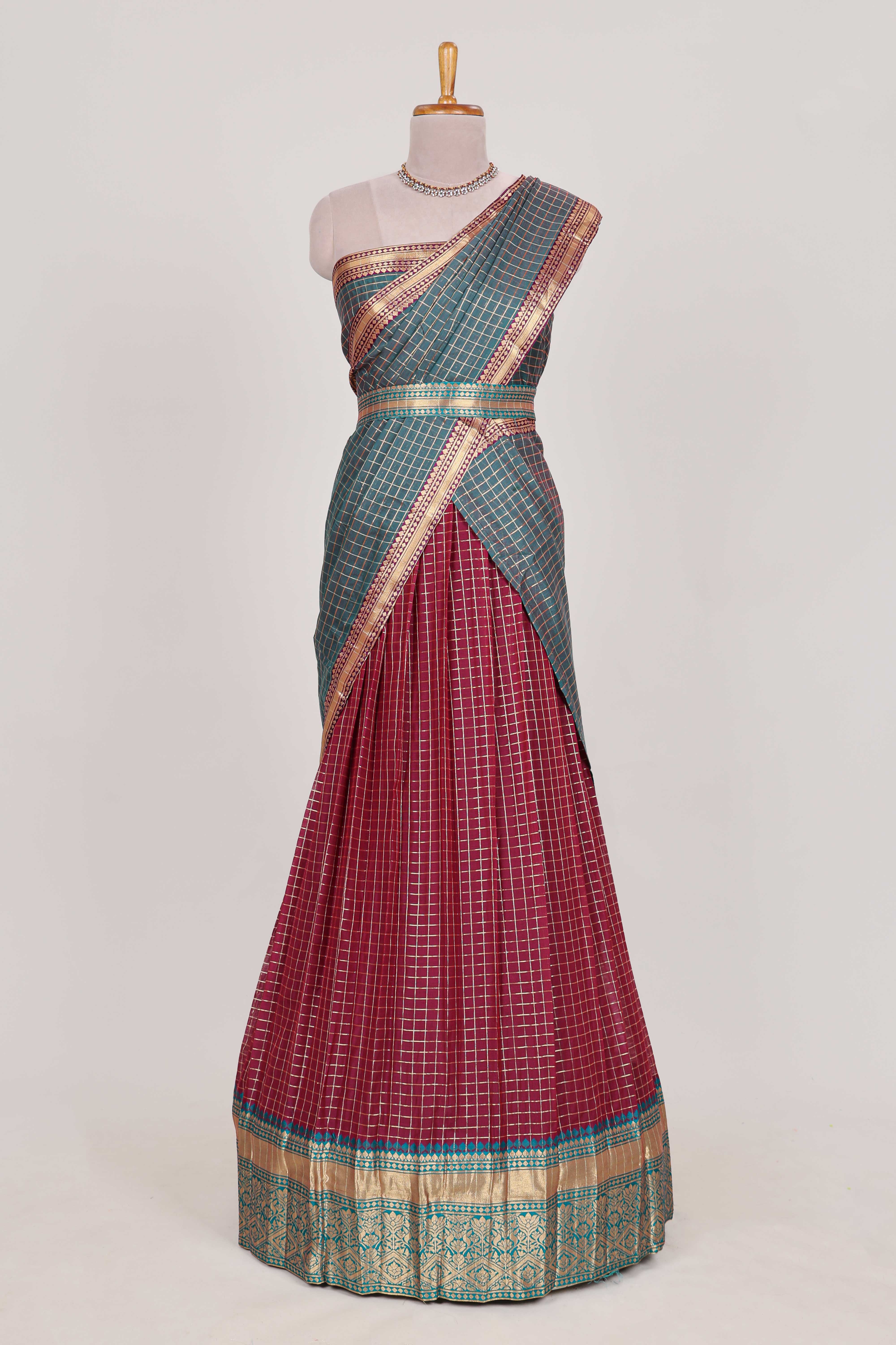 Maroon and Grey Chettinad Art Cotton Half Saree with Gold Zari Checks Traditional Border and Elegant Woven Detailing Shawl with a Waist Belt