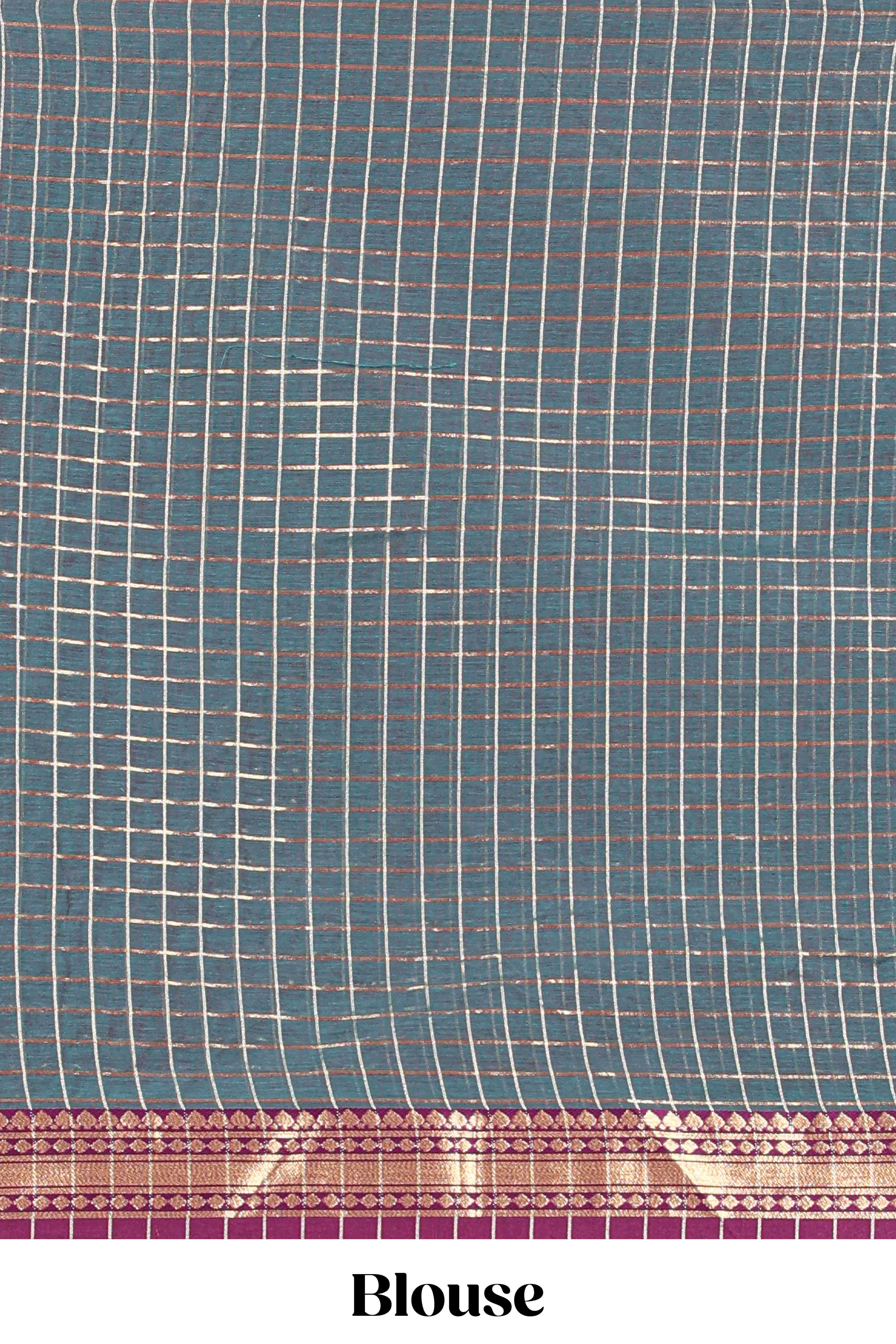 Maroon and Grey Chettinad Art Cotton Half Saree with Gold Zari Checks Traditional Border and Elegant Woven Detailing Shawl with a Waist Belt