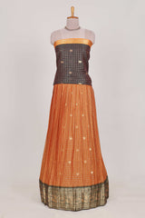 Brown and Orange Chettinad Art Cotton Half Saree with Gold Zari Checks Traditional Border and Elegant Woven Detailing Shawl with a Waist Belt