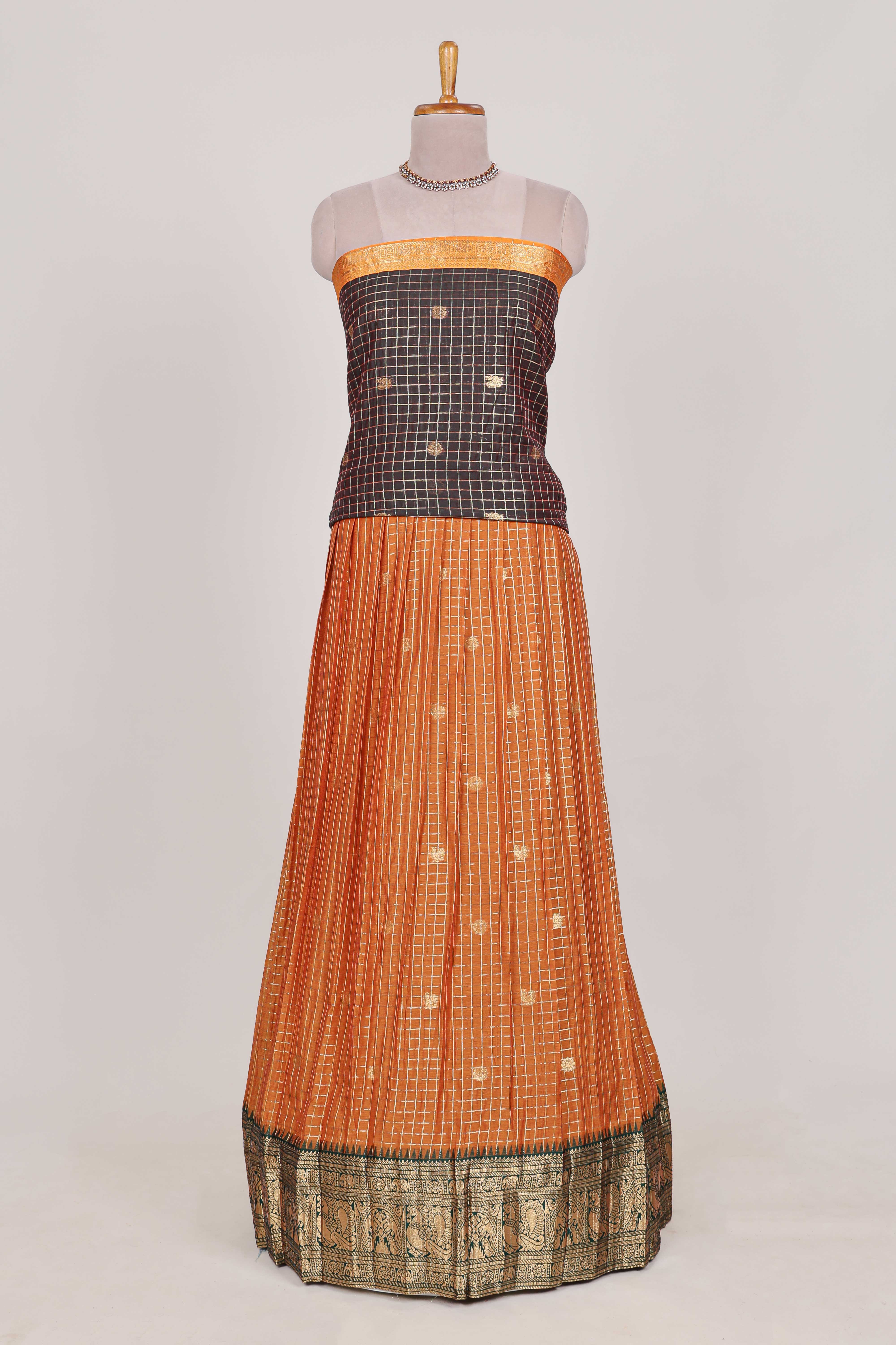 Brown and Orange Chettinad Art Cotton Half Saree with Gold Zari Checks Traditional Border and Elegant Woven Detailing Shawl with a Waist Belt