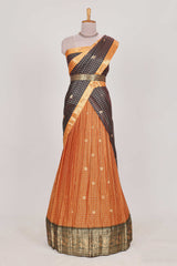 Brown and Orange Chettinad Art Cotton Half Saree with Gold Zari Checks Traditional Border and Elegant Woven Detailing Shawl with a Waist Belt