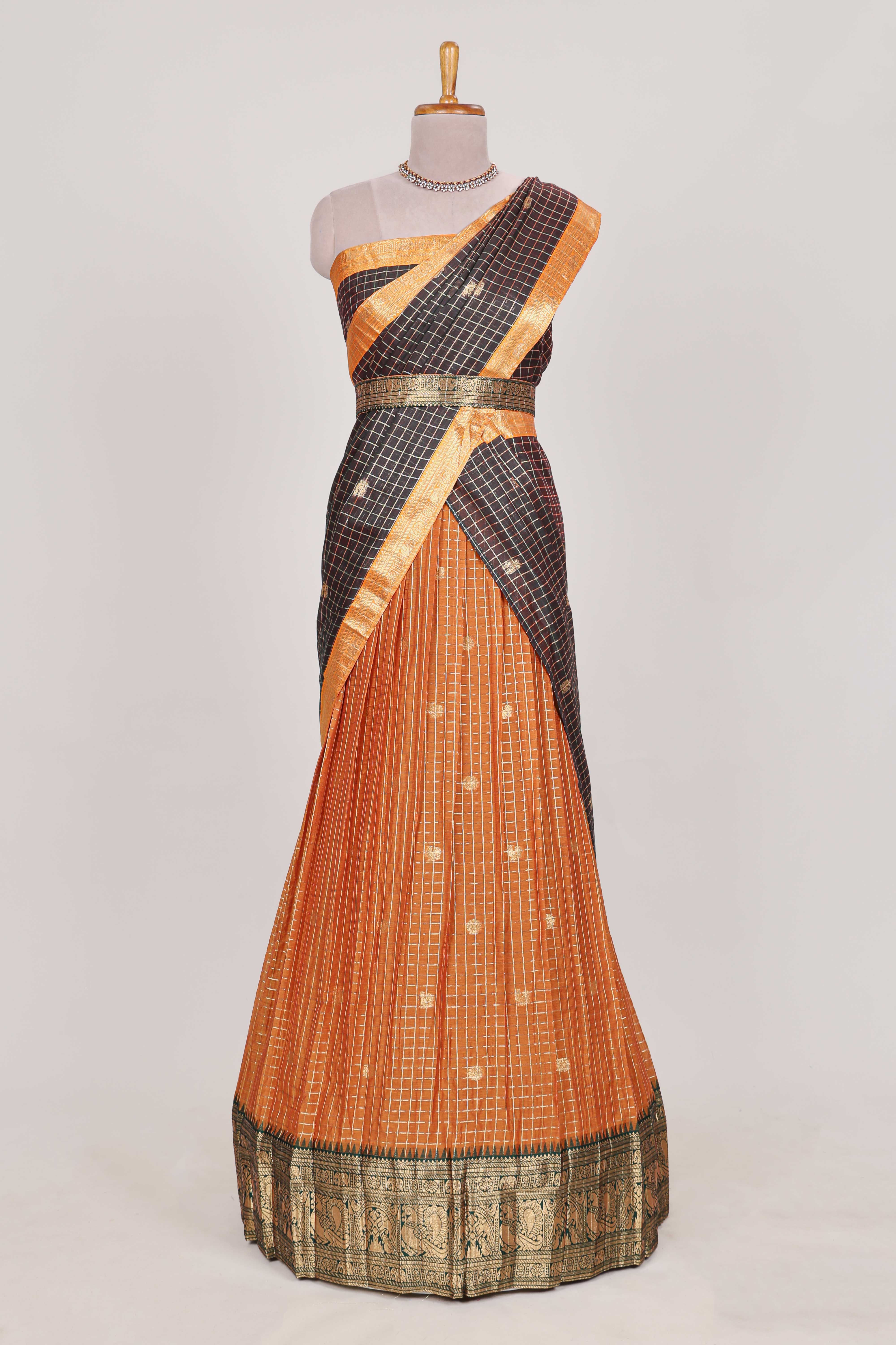 Brown and Orange Chettinad Art Cotton Half Saree with Gold Zari Checks Traditional Border and Elegant Woven Detailing Shawl with a Waist Belt