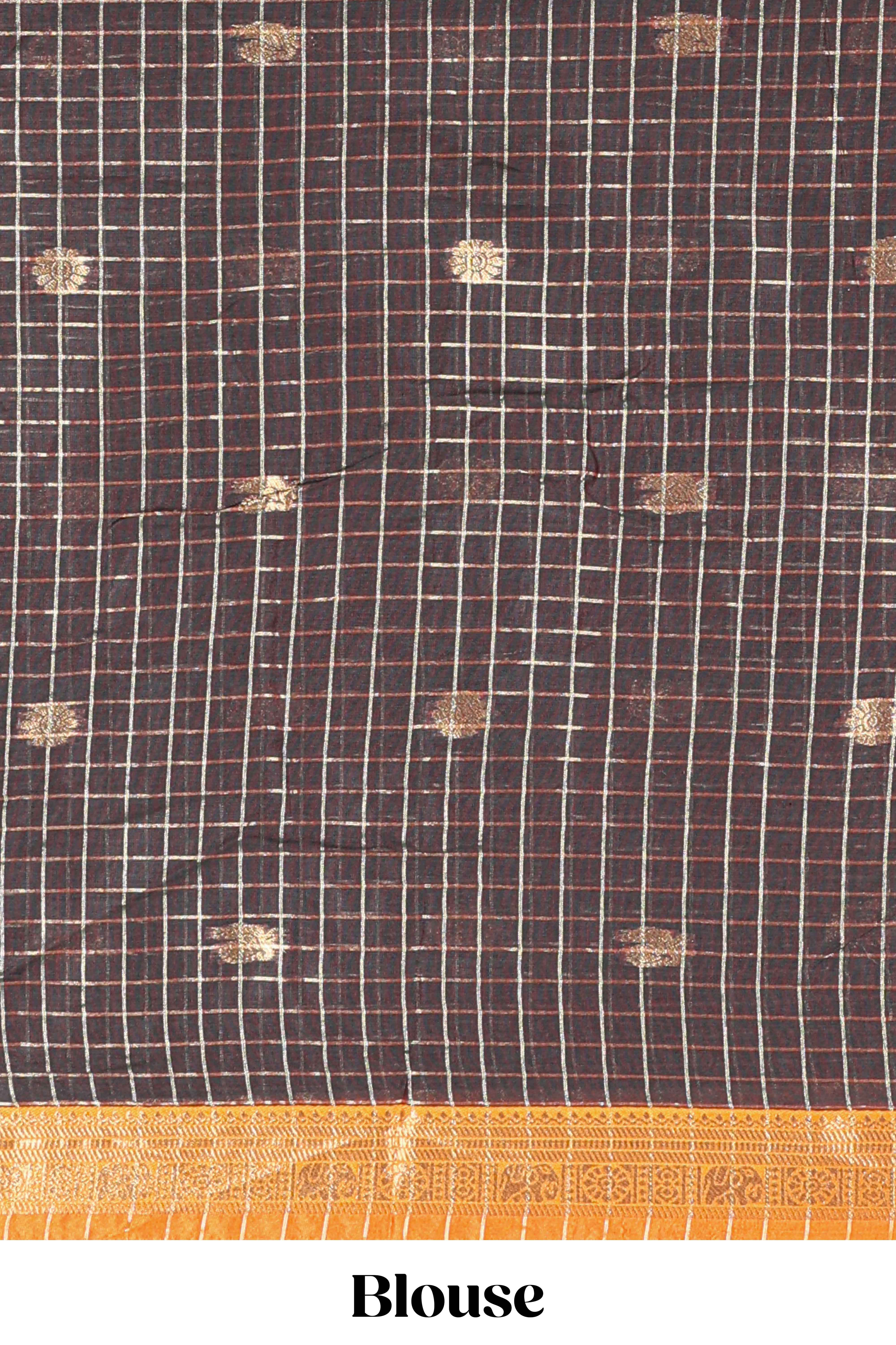 Brown and Orange Chettinad Art Cotton Half Saree with Gold Zari Checks Traditional Border and Elegant Woven Detailing Shawl with a Waist Belt