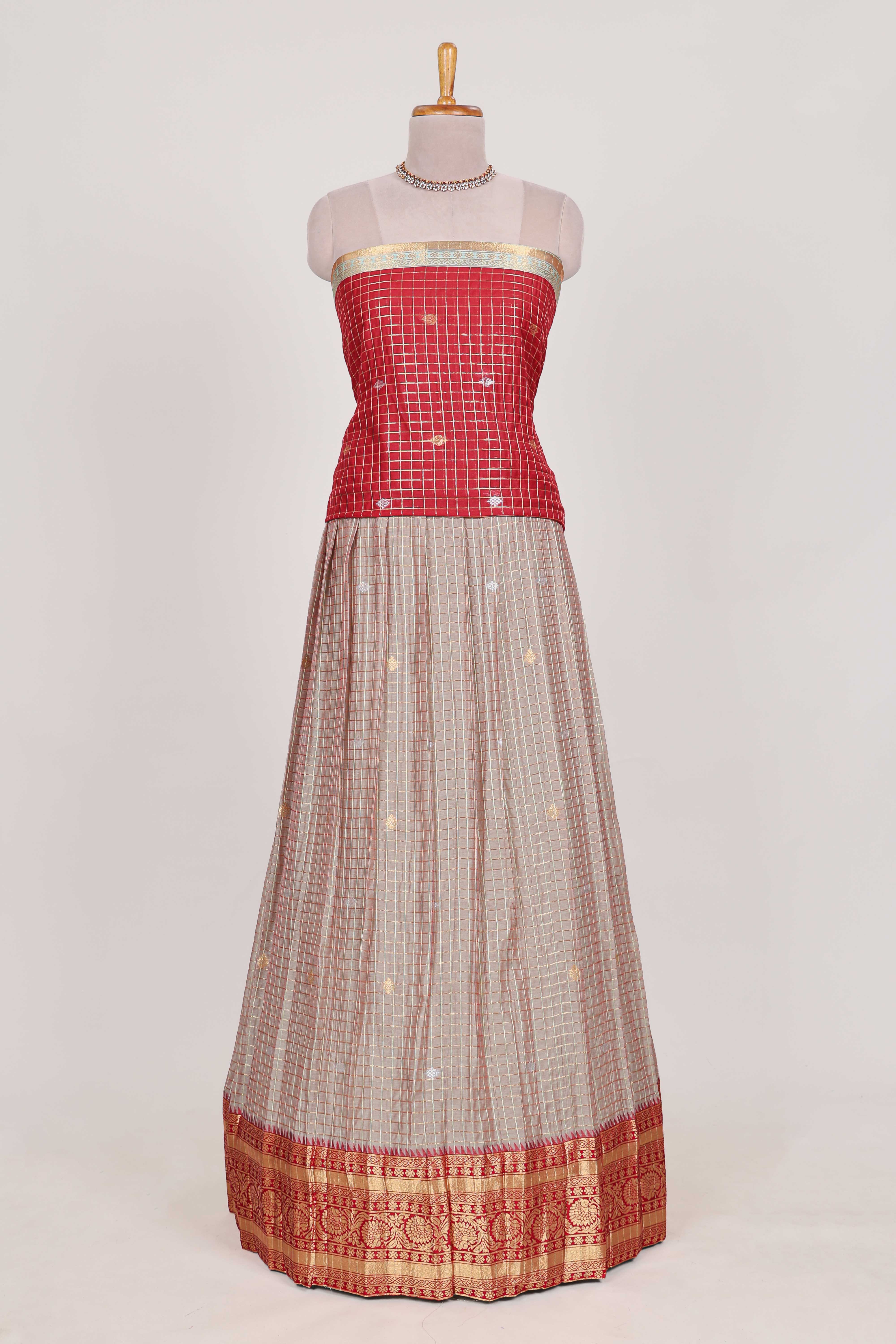 Beige and Red Chettinad Art Cotton Half Saree with Gold Zari Checks Traditional Border and Elegant Woven Detailing Shawl with a Waist Belt