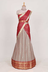 Beige and Red Chettinad Art Cotton Half Saree with Gold Zari Checks Traditional Border and Elegant Woven Detailing Shawl with a Waist Belt