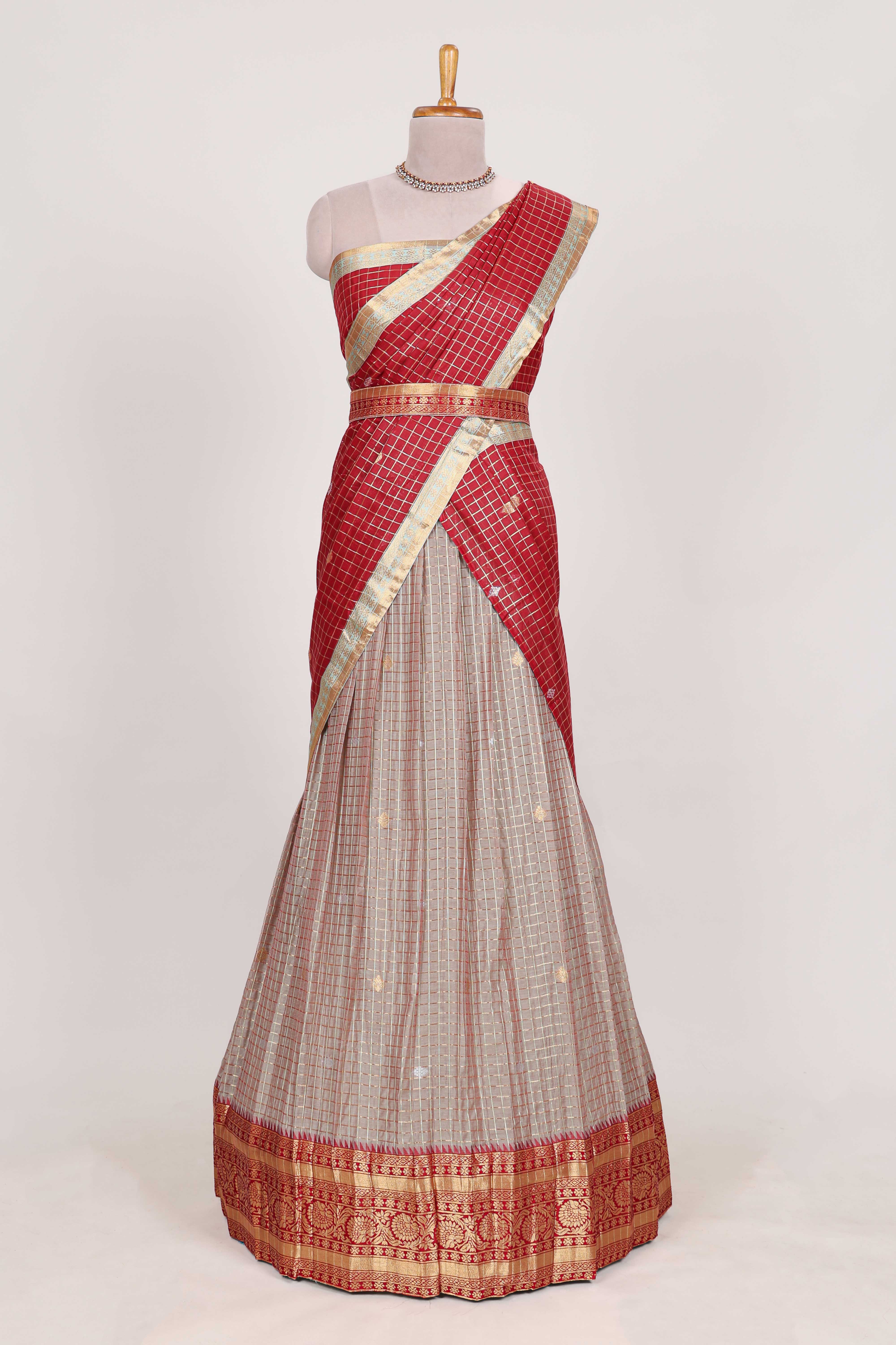 Beige and Red Chettinad Art Cotton Half Saree with Gold Zari Checks Traditional Border and Elegant Woven Detailing Shawl with a Waist Belt