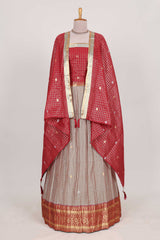 Beige and Red Chettinad Art Cotton Half Saree with Gold Zari Checks Traditional Border and Elegant Woven Detailing Shawl with a Waist Belt