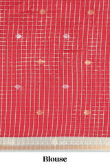 Beige and Red Chettinad Art Cotton Half Saree with Gold Zari Checks Traditional Border and Elegant Woven Detailing Shawl with a Waist Belt