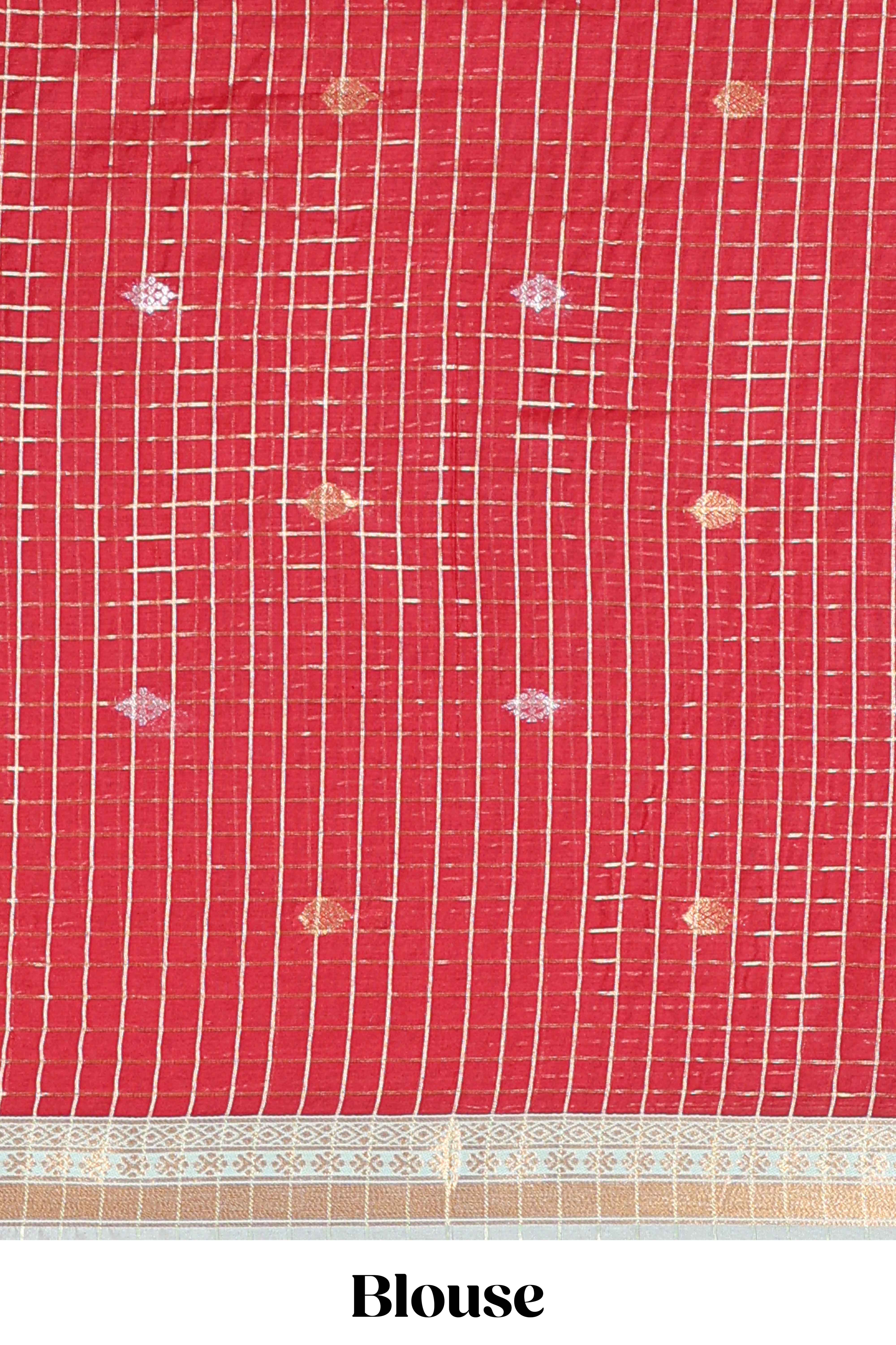 Beige and Red Chettinad Art Cotton Half Saree with Gold Zari Checks Traditional Border and Elegant Woven Detailing Shawl with a Waist Belt