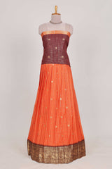 Orange and Brown Chettinad Art Cotton Half Saree with Gold Zari Checks And Buttas Traditional Border and Elegant Woven Detailing Shawl
