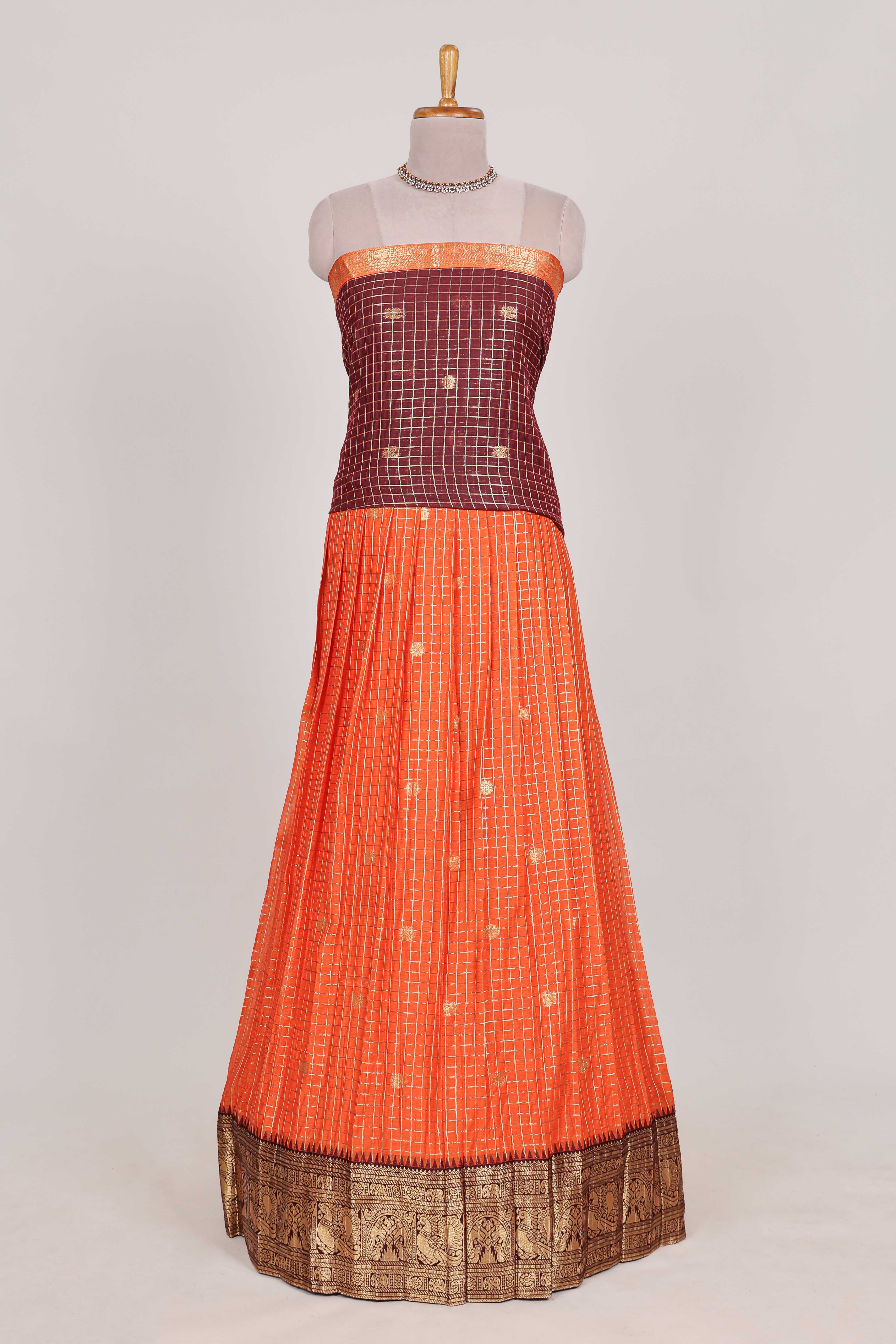 Orange and Brown Chettinad Art Cotton Half Saree with Gold Zari Checks And Buttas Traditional Border and Elegant Woven Detailing Shawl