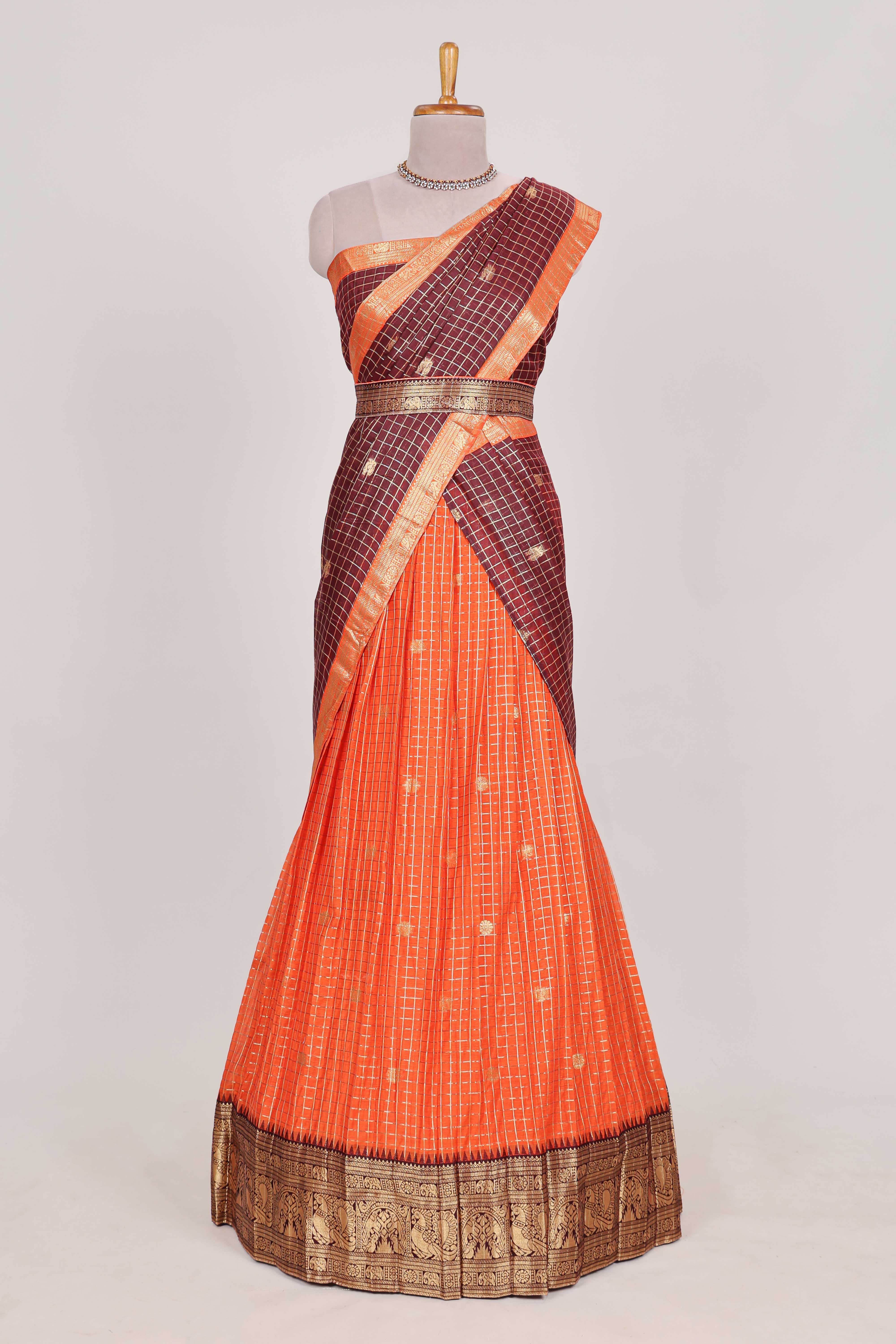 Orange and Brown Chettinad Art Cotton Half Saree with Gold Zari Checks And Buttas Traditional Border and Elegant Woven Detailing Shawl