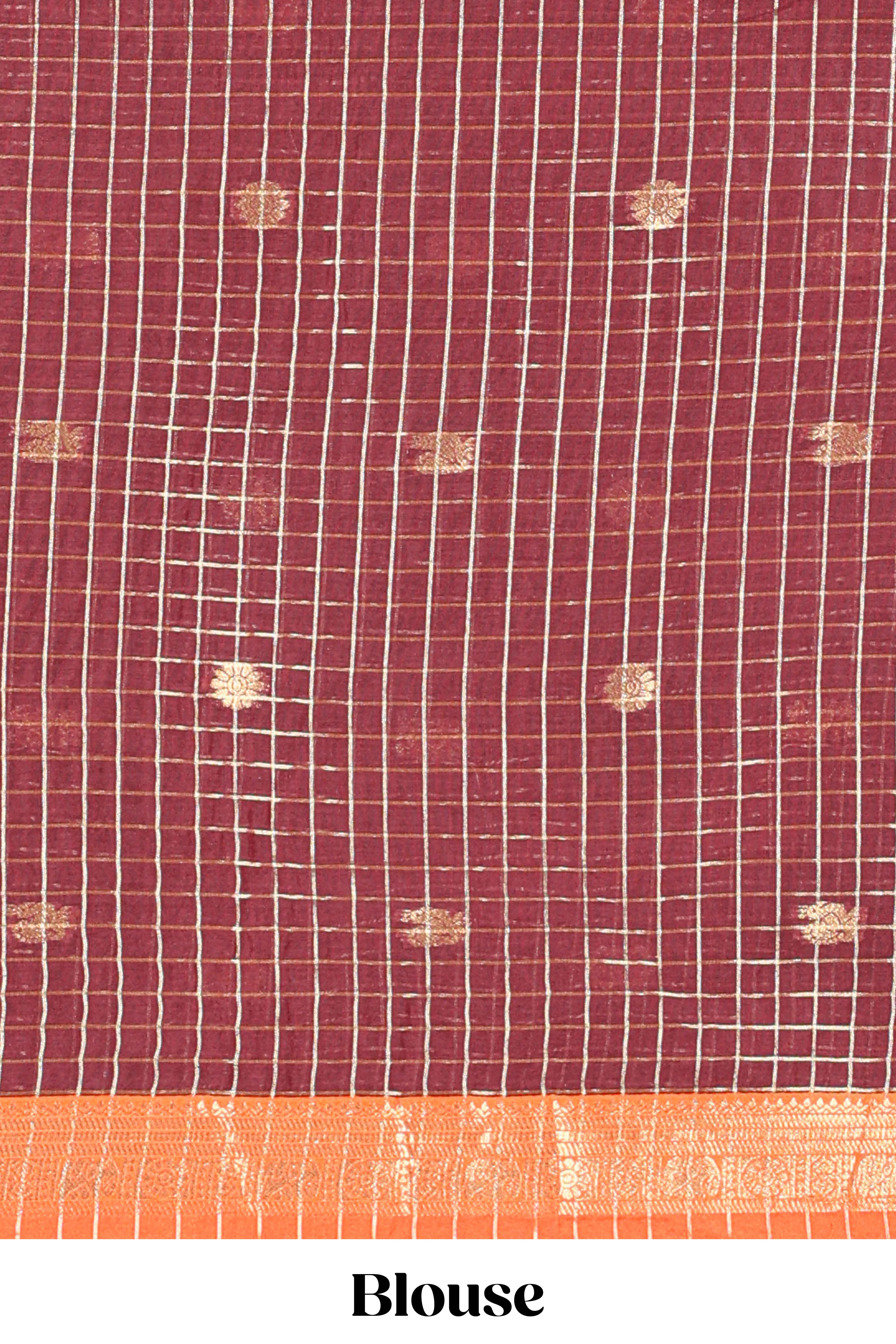 Orange and Brown Chettinad Art Cotton Half Saree with Gold Zari Checks And Buttas Traditional Border and Elegant Woven Detailing Shawl