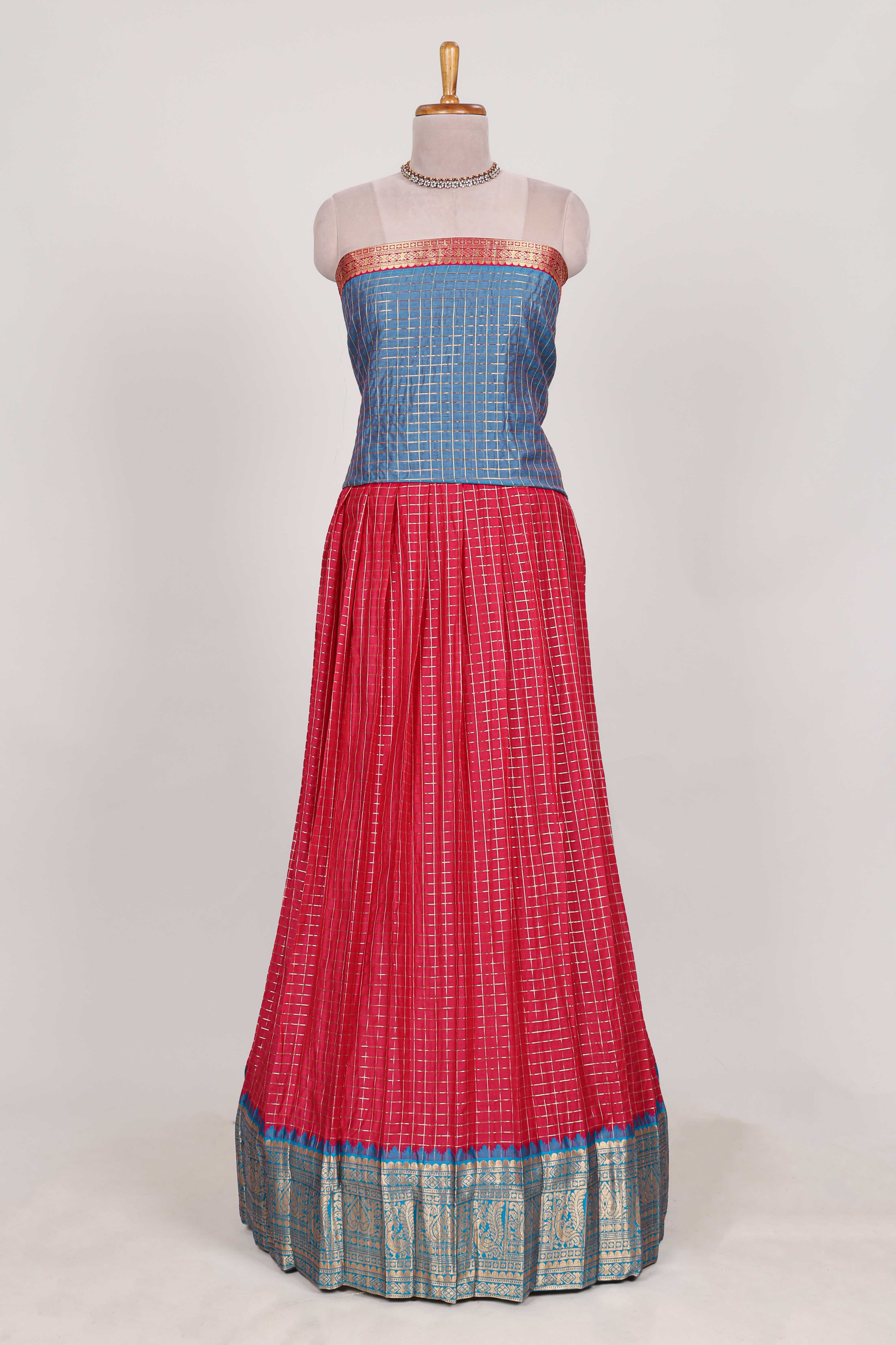 Rani pink and Blue Chettinad Art Cotton Half Saree with Gold Zari Checks And Buttas Traditional Border and Elegant Woven Detailing Shawl