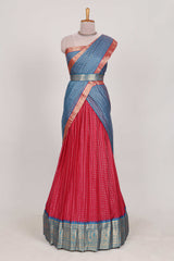 Rani pink and Blue Chettinad Art Cotton Half Saree with Gold Zari Checks And Buttas Traditional Border and Elegant Woven Detailing Shawl