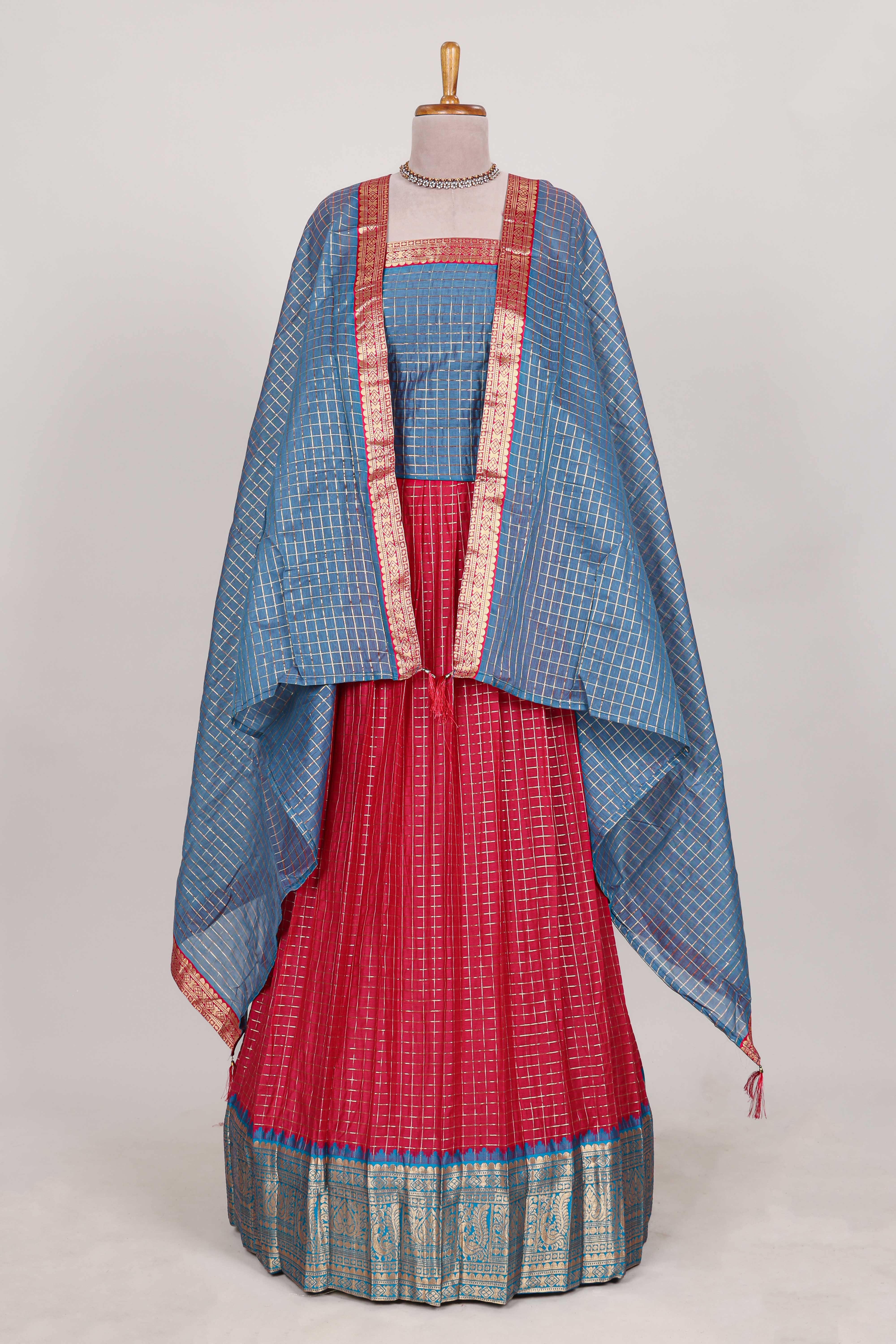 Rani pink and Blue Chettinad Art Cotton Half Saree with Gold Zari Checks And Buttas Traditional Border and Elegant Woven Detailing Shawl