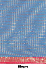 Rani pink and Blue Chettinad Art Cotton Half Saree with Gold Zari Checks And Buttas Traditional Border and Elegant Woven Detailing Shawl