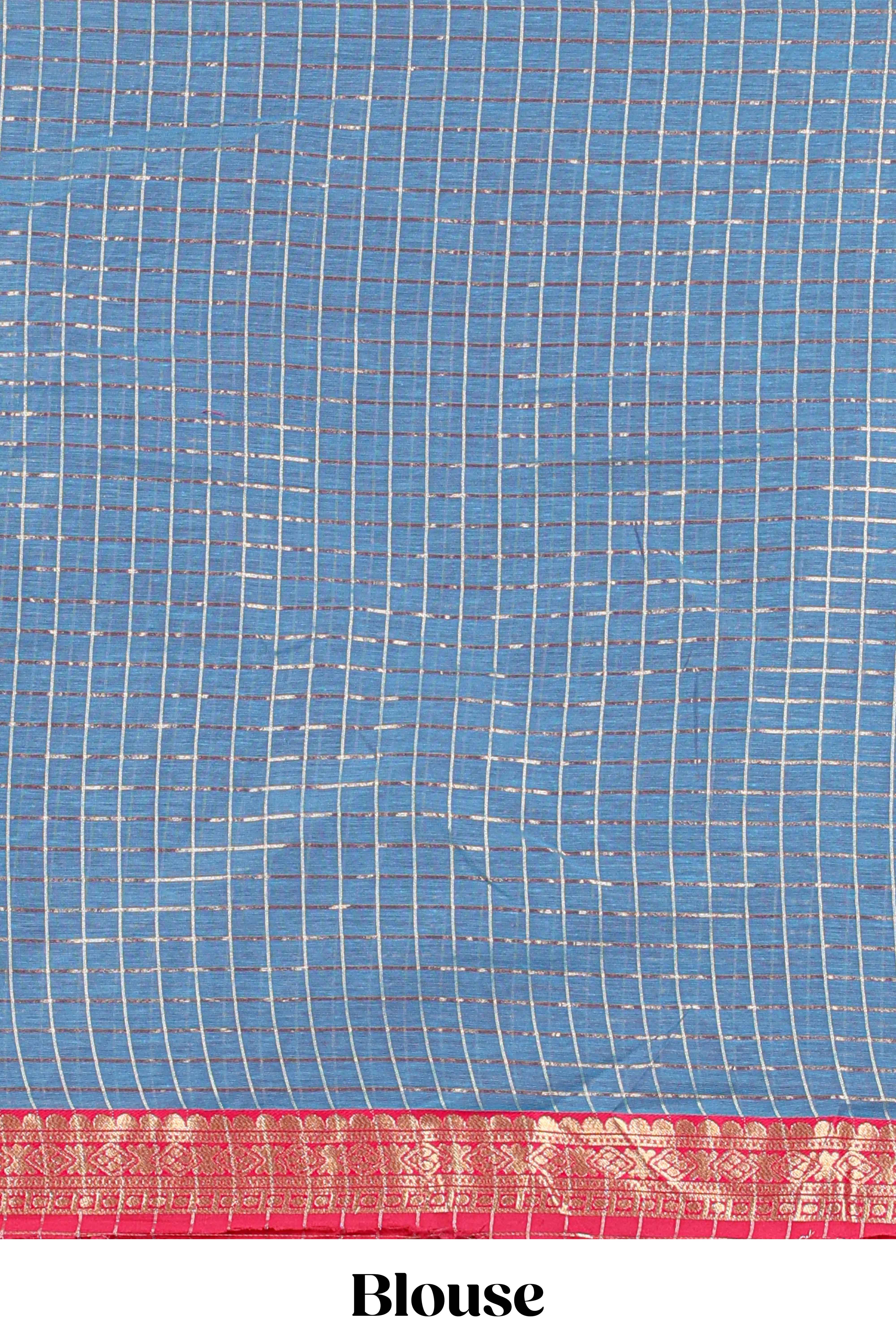 Rani pink and Blue Chettinad Art Cotton Half Saree with Gold Zari Checks And Buttas Traditional Border and Elegant Woven Detailing Shawl