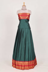 Dark Green and Red Cotton Half Saree with Gold Zari Border Traditional Embroidery and Elegant Tassel Detailing