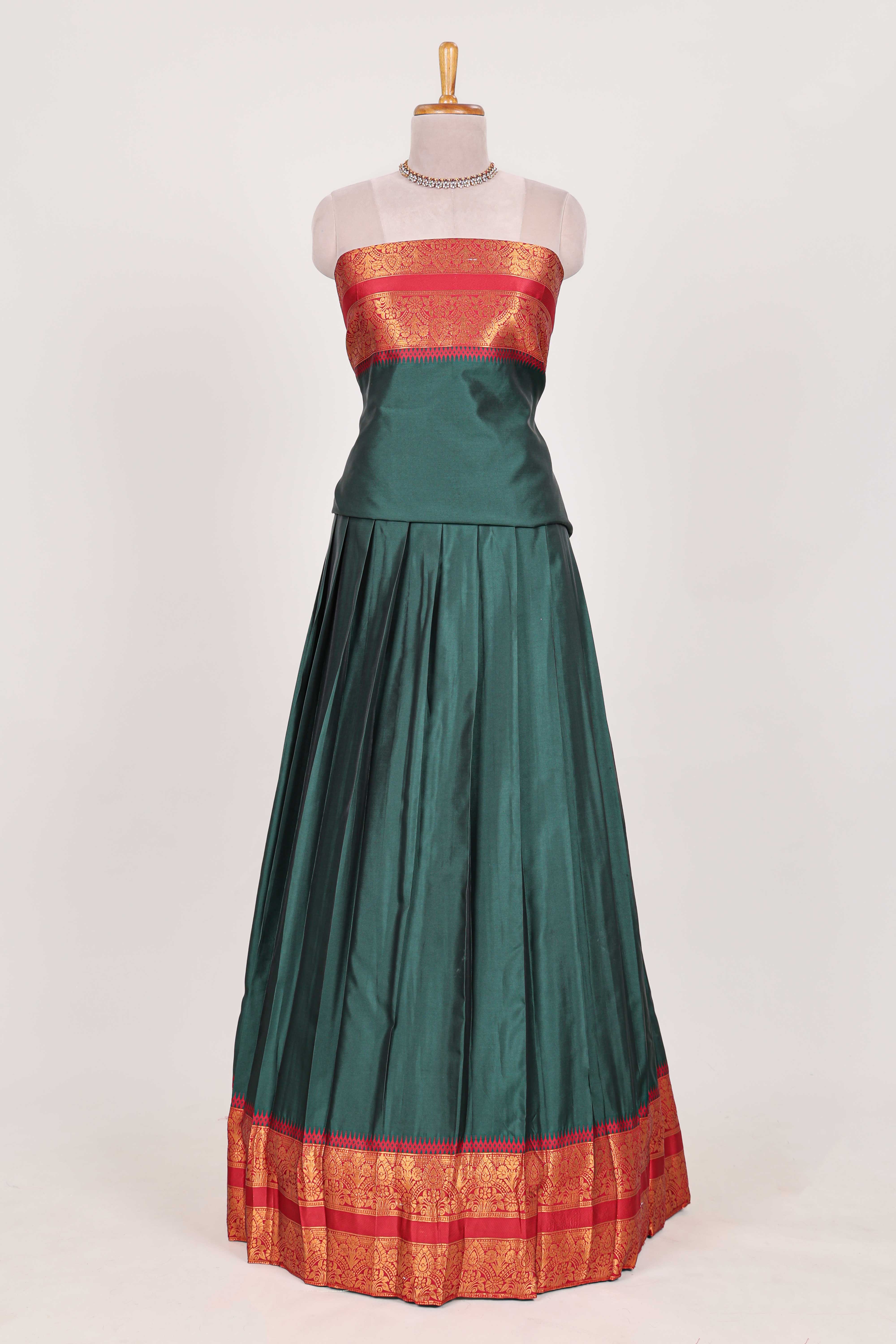 Dark Green and Red Cotton Half Saree with Gold Zari Border Traditional Embroidery and Elegant Tassel Detailing