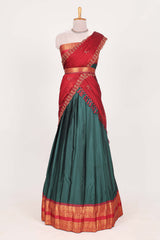Dark Green and Red Cotton Half Saree with Gold Zari Border Traditional Embroidery and Elegant Tassel Detailing