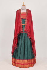 Dark Green and Red Cotton Half Saree with Gold Zari Border Traditional Embroidery and Elegant Tassel Detailing