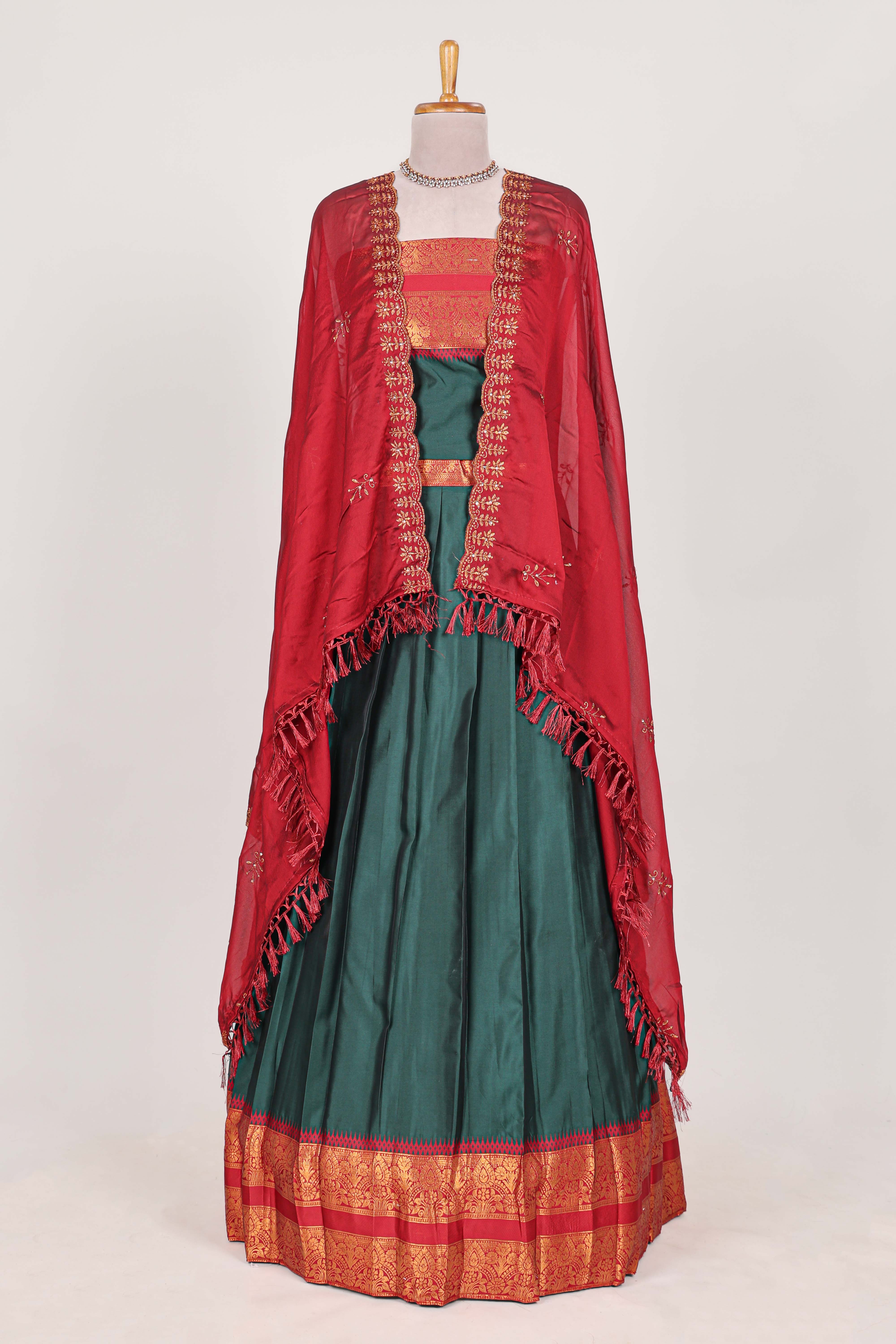 Dark Green and Red Cotton Half Saree with Gold Zari Border Traditional Embroidery and Elegant Tassel Detailing