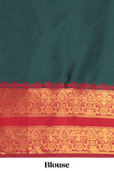Dark Green and Red Cotton Half Saree with Gold Zari Border Traditional Embroidery and Elegant Tassel Detailing