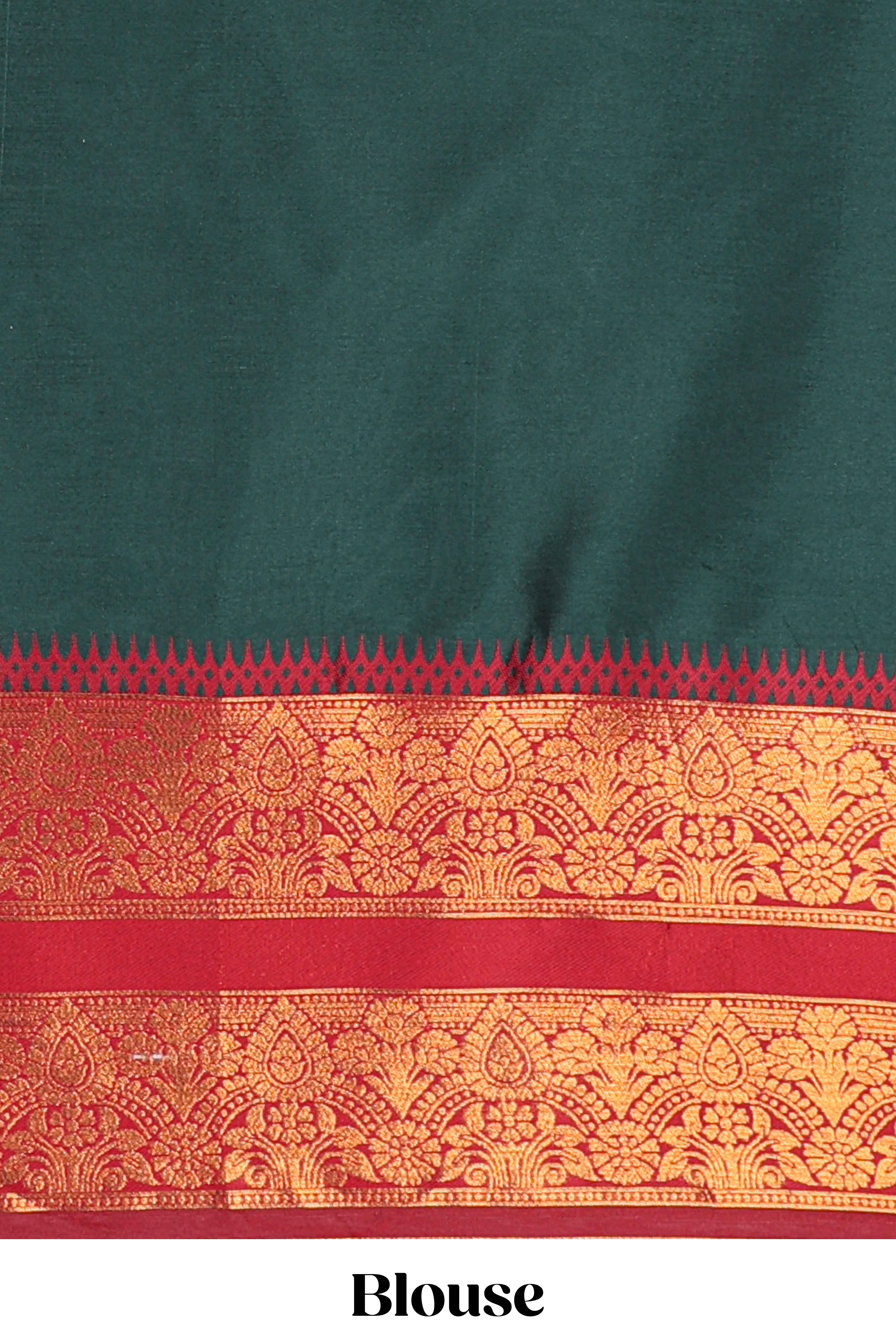 Dark Green and Red Cotton Half Saree with Gold Zari Border Traditional Embroidery and Elegant Tassel Detailing