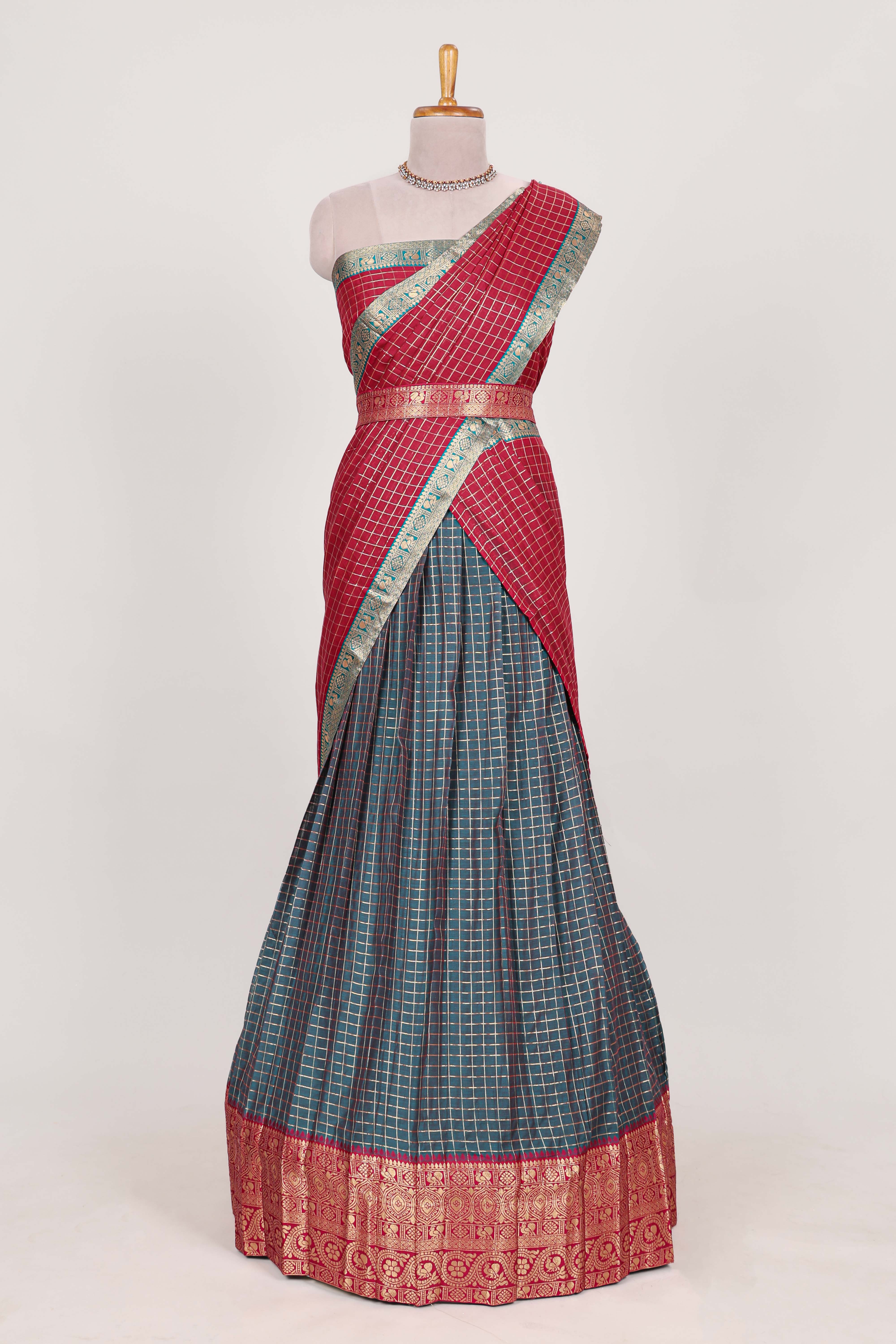 Grey and Rani pink Chettinad Art Cotton Half Saree with Gold Zari Checks And Traditional Border and Elegant Woven Detailing Shawl