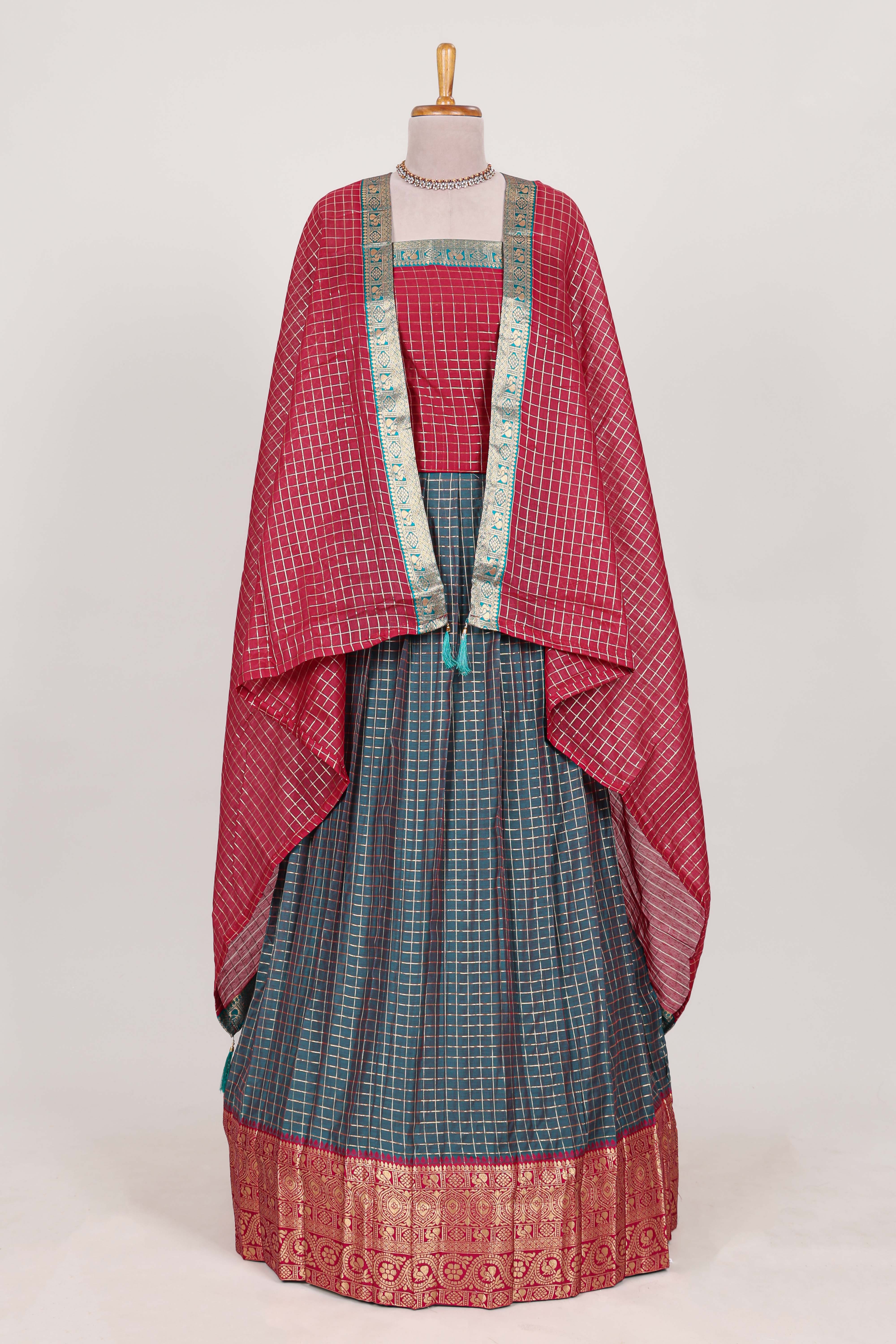 Grey and Rani pink Chettinad Art Cotton Half Saree with Gold Zari Checks And Traditional Border and Elegant Woven Detailing Shawl