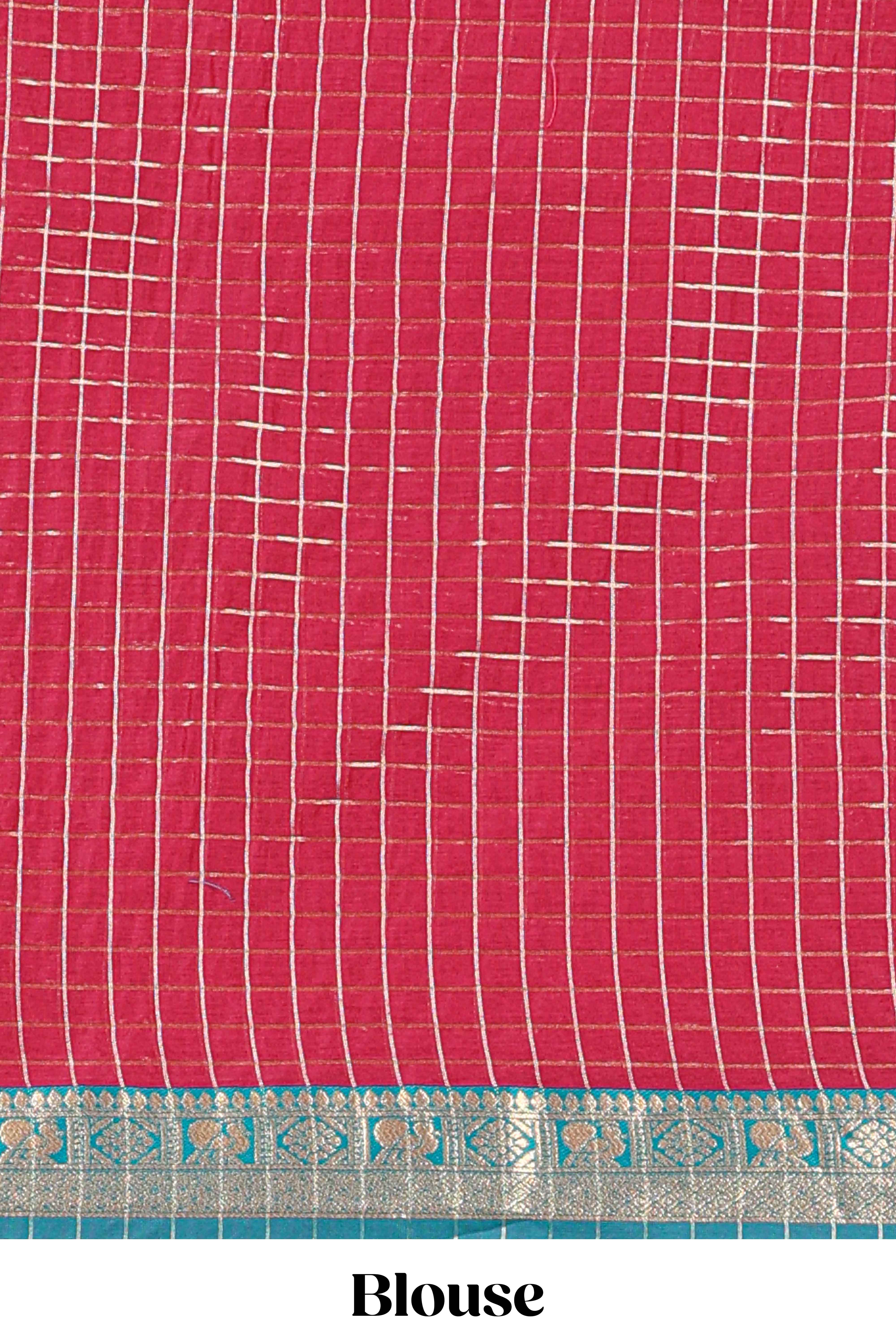 Grey and Rani pink Chettinad Art Cotton Half Saree with Gold Zari Checks And Traditional Border and Elegant Woven Detailing Shawl