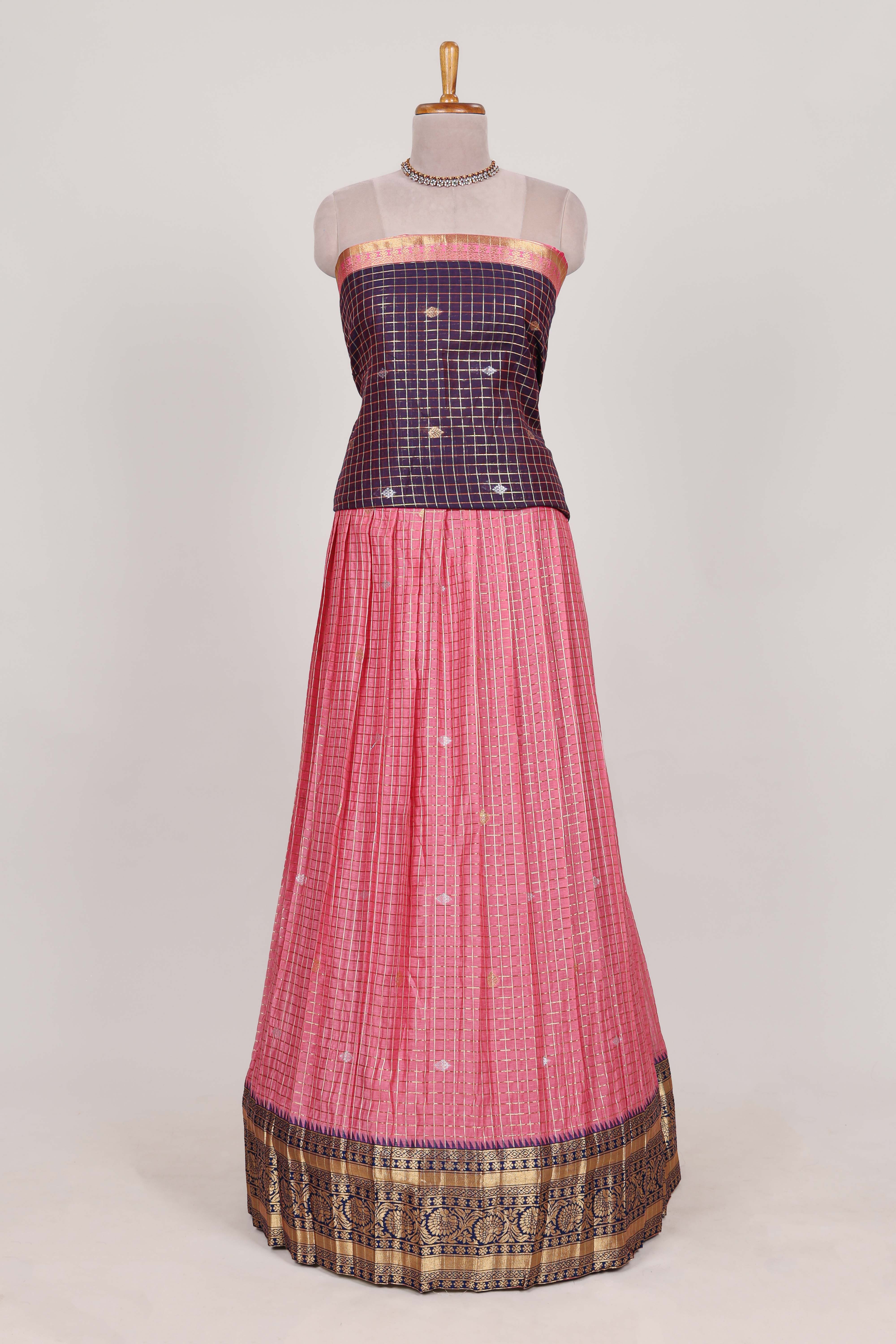 Violet and pink Chettinad Art Cotton Half Saree with Gold Zari Checks And Buttas Traditional Border and Elegant Woven Detailing Shawl