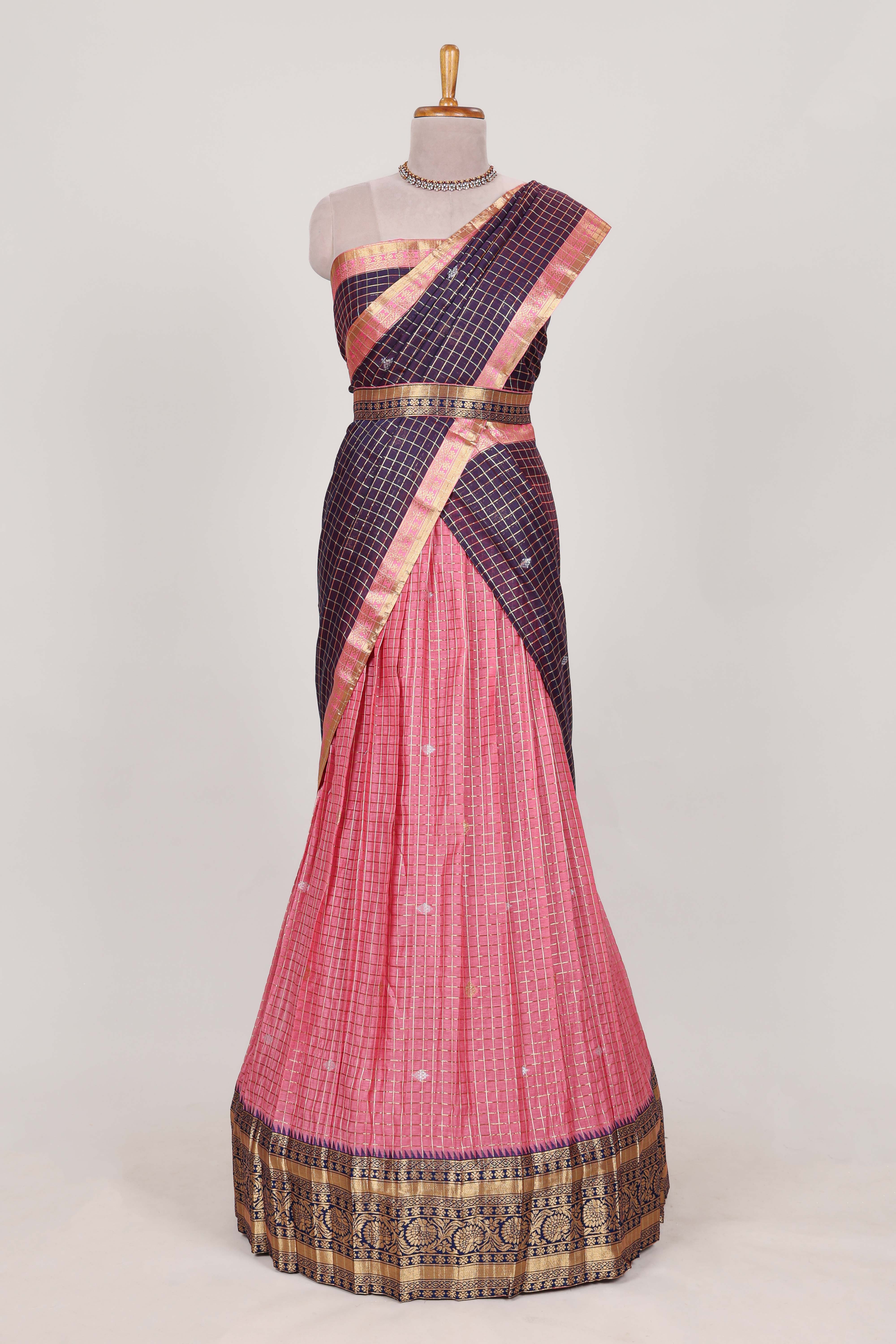 Violet and pink Chettinad Art Cotton Half Saree with Gold Zari Checks And Buttas Traditional Border and Elegant Woven Detailing Shawl