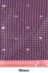 Violet and pink Chettinad Art Cotton Half Saree with Gold Zari Checks And Buttas Traditional Border and Elegant Woven Detailing Shawl