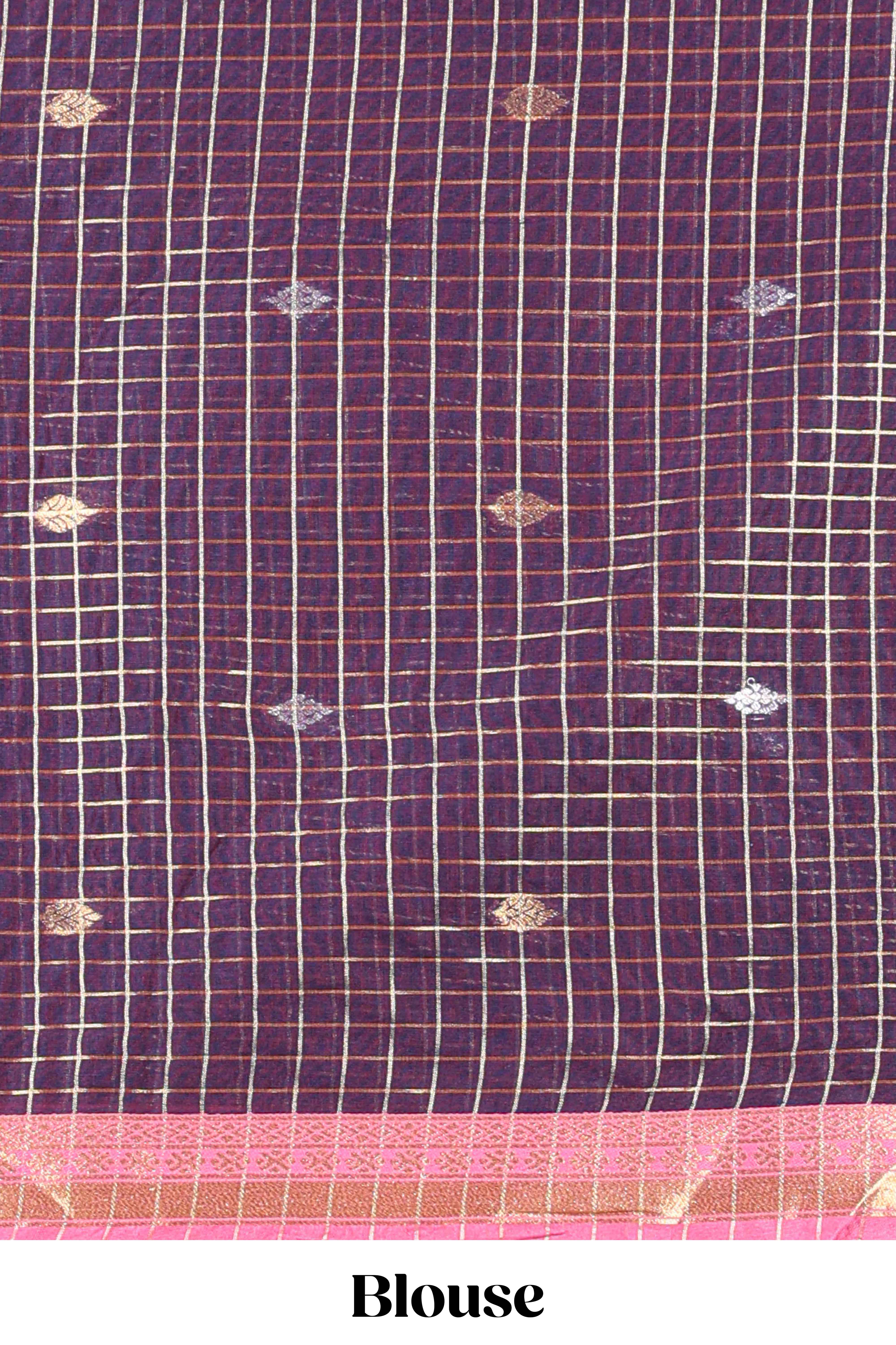Violet and pink Chettinad Art Cotton Half Saree with Gold Zari Checks And Buttas Traditional Border and Elegant Woven Detailing Shawl