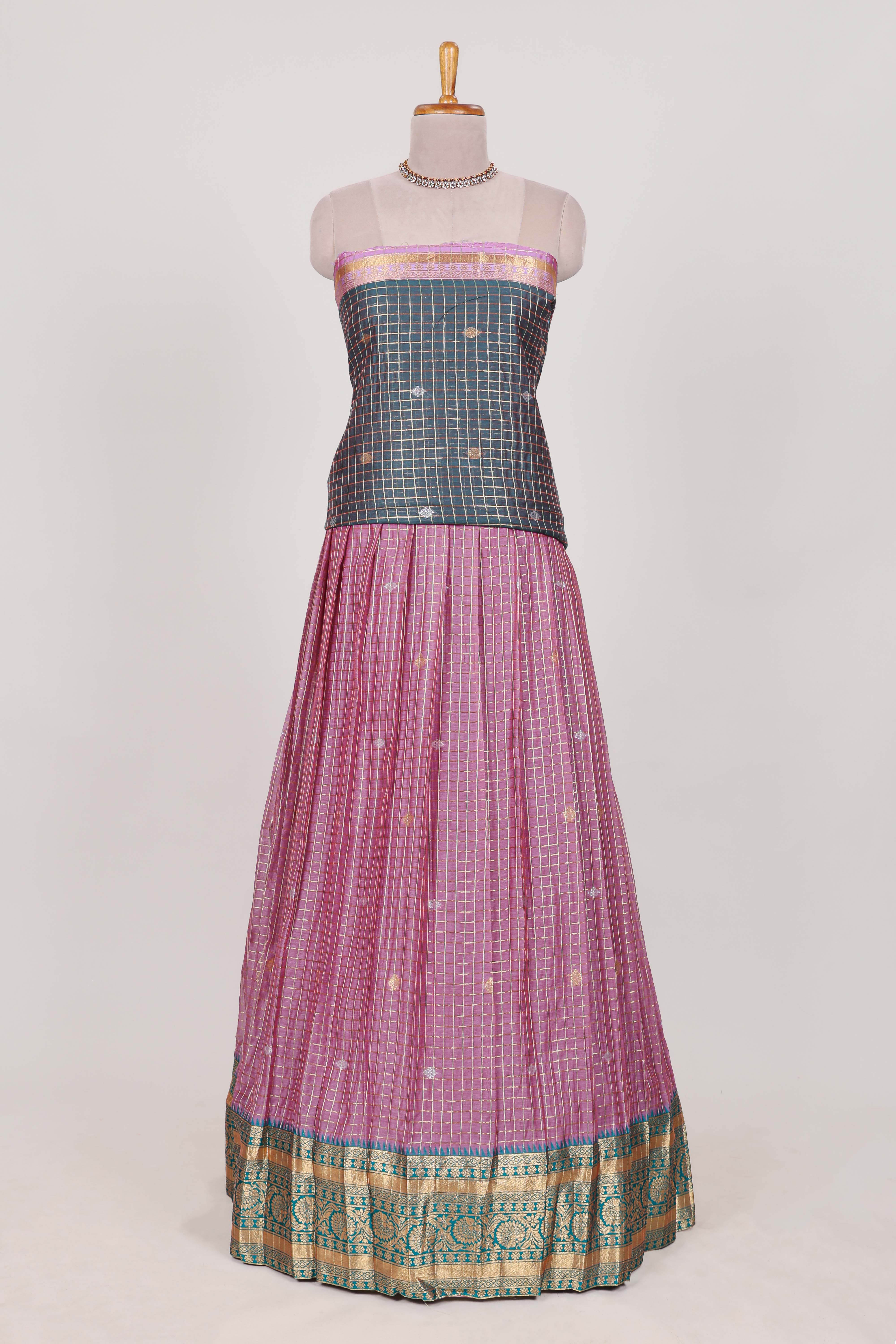 Grey and purple Chettinad Art Cotton Half Saree with Gold Zari Checks And Buttas Traditional Border and Elegant Woven Detailing Shawl