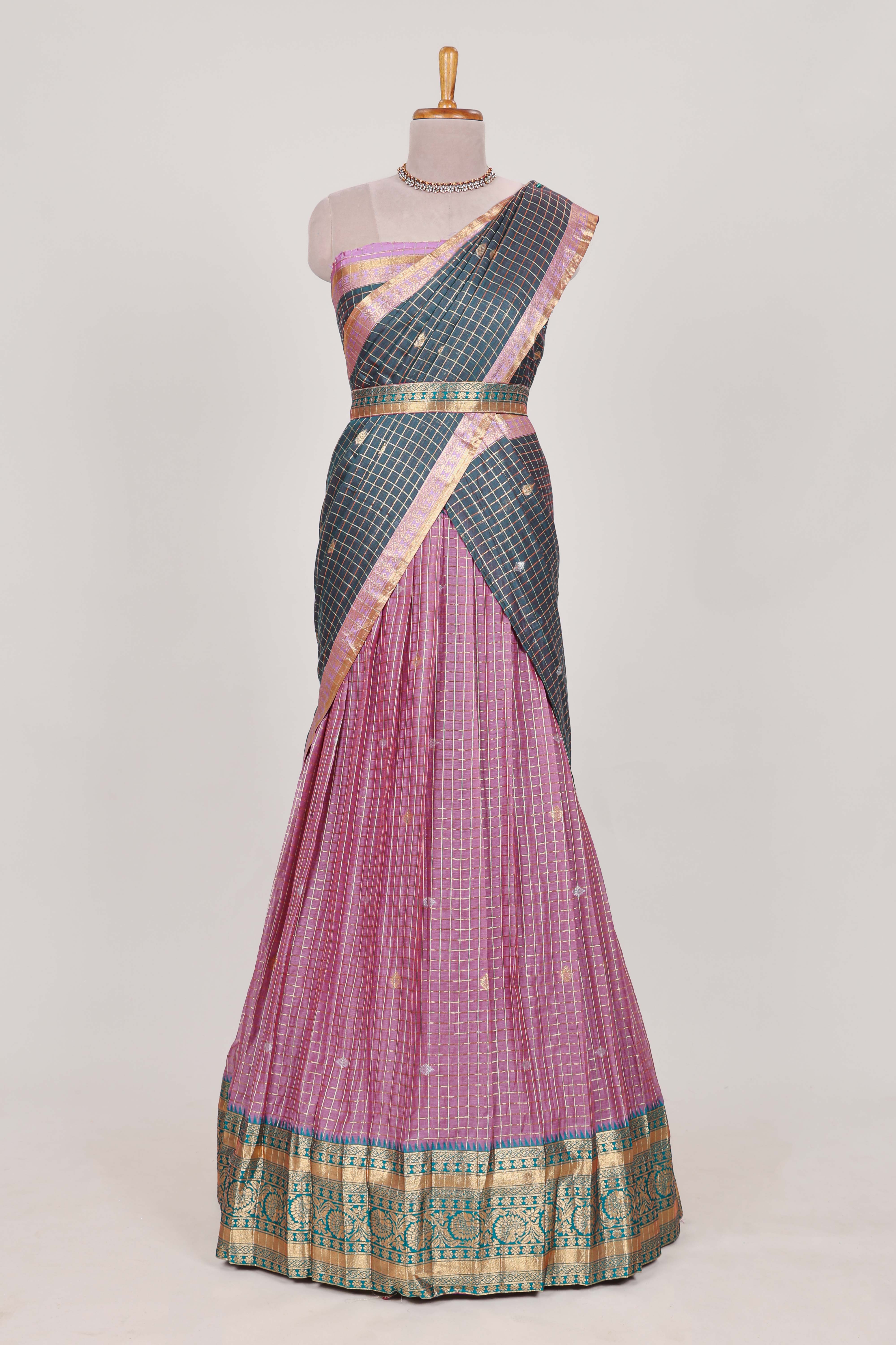 Grey and purple Chettinad Art Cotton Half Saree with Gold Zari Checks And Buttas Traditional Border and Elegant Woven Detailing Shawl