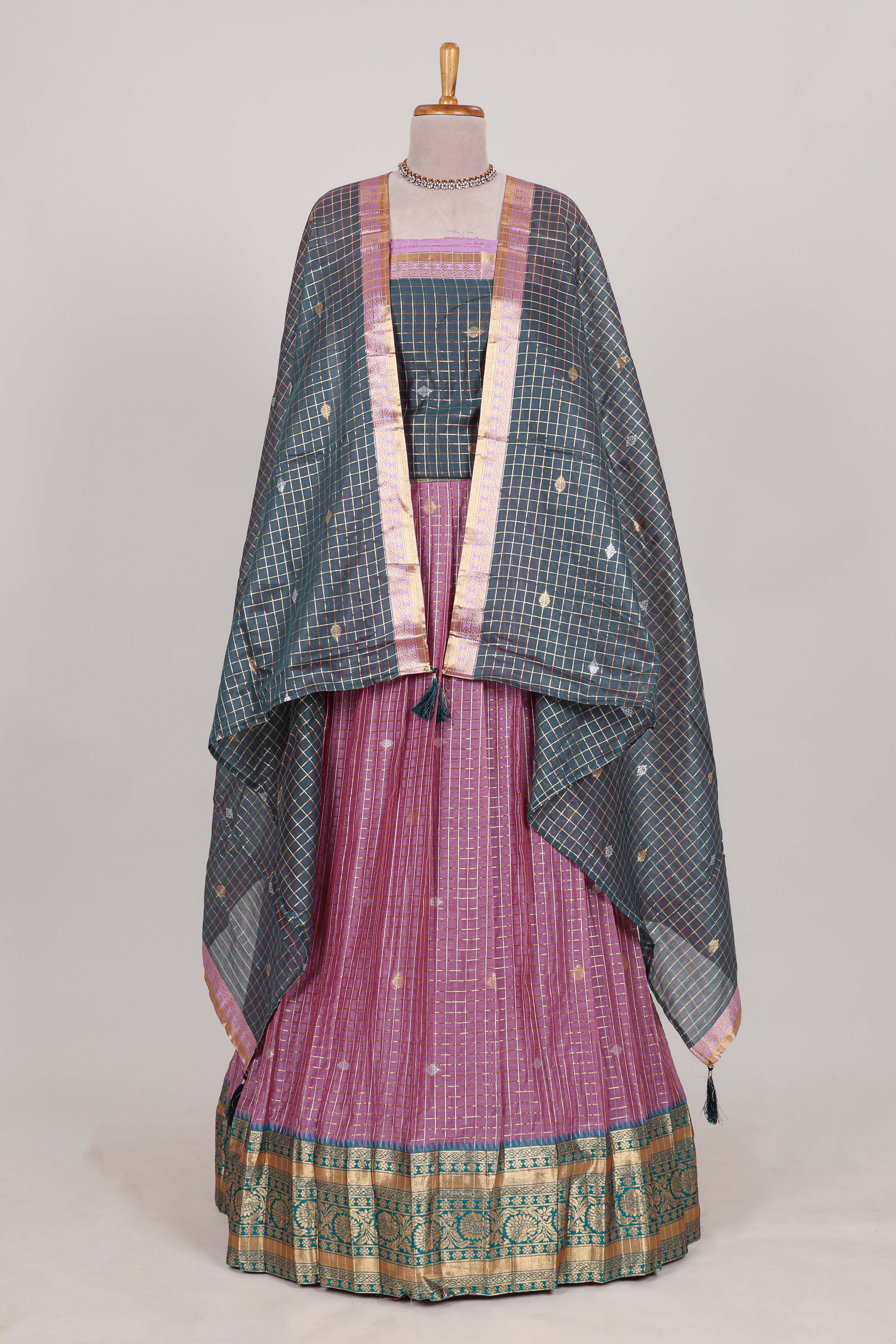 Grey and purple Chettinad Art Cotton Half Saree with Gold Zari Checks And Buttas Traditional Border and Elegant Woven Detailing Shawl
