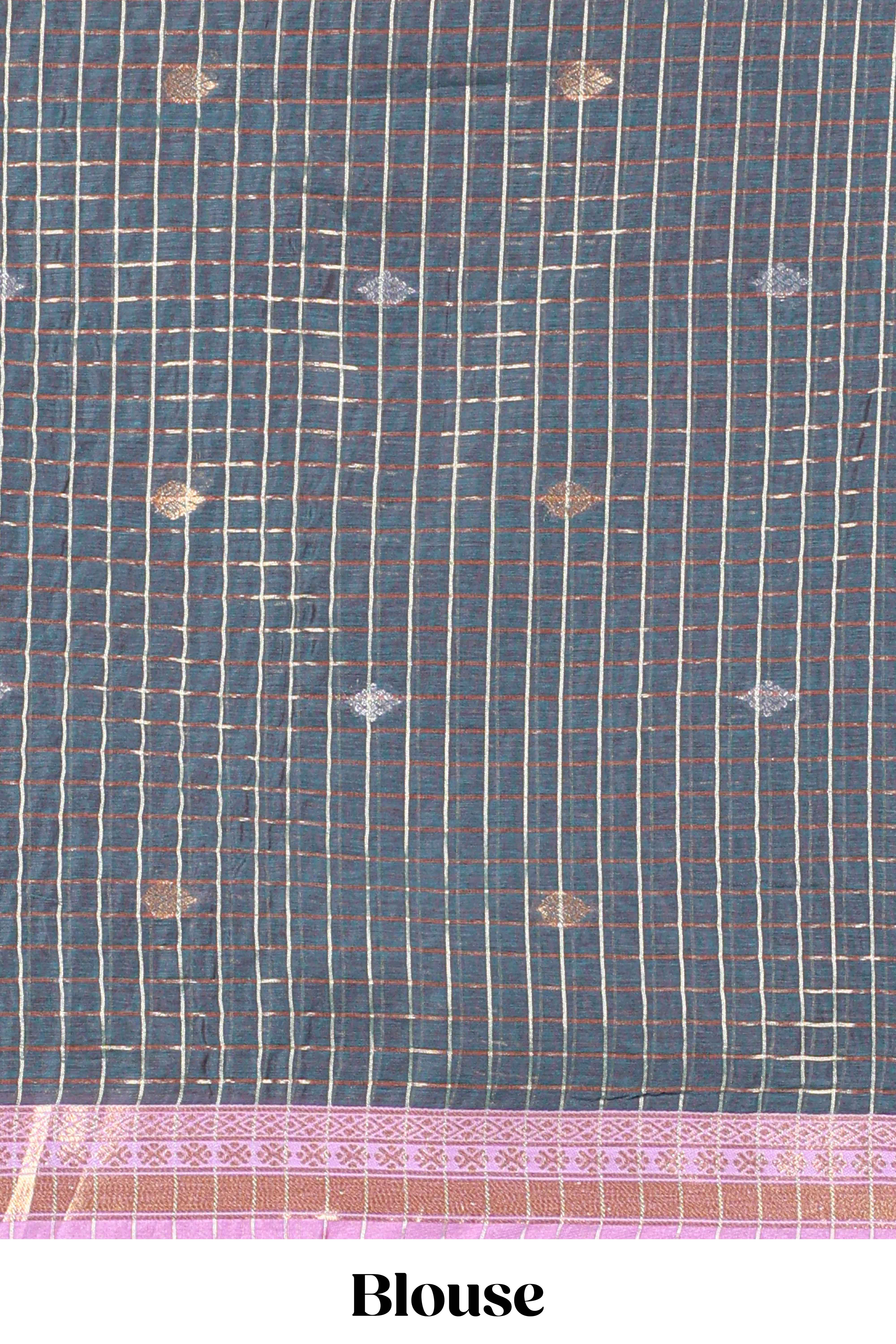 Grey and purple Chettinad Art Cotton Half Saree with Gold Zari Checks And Buttas Traditional Border and Elegant Woven Detailing Shawl