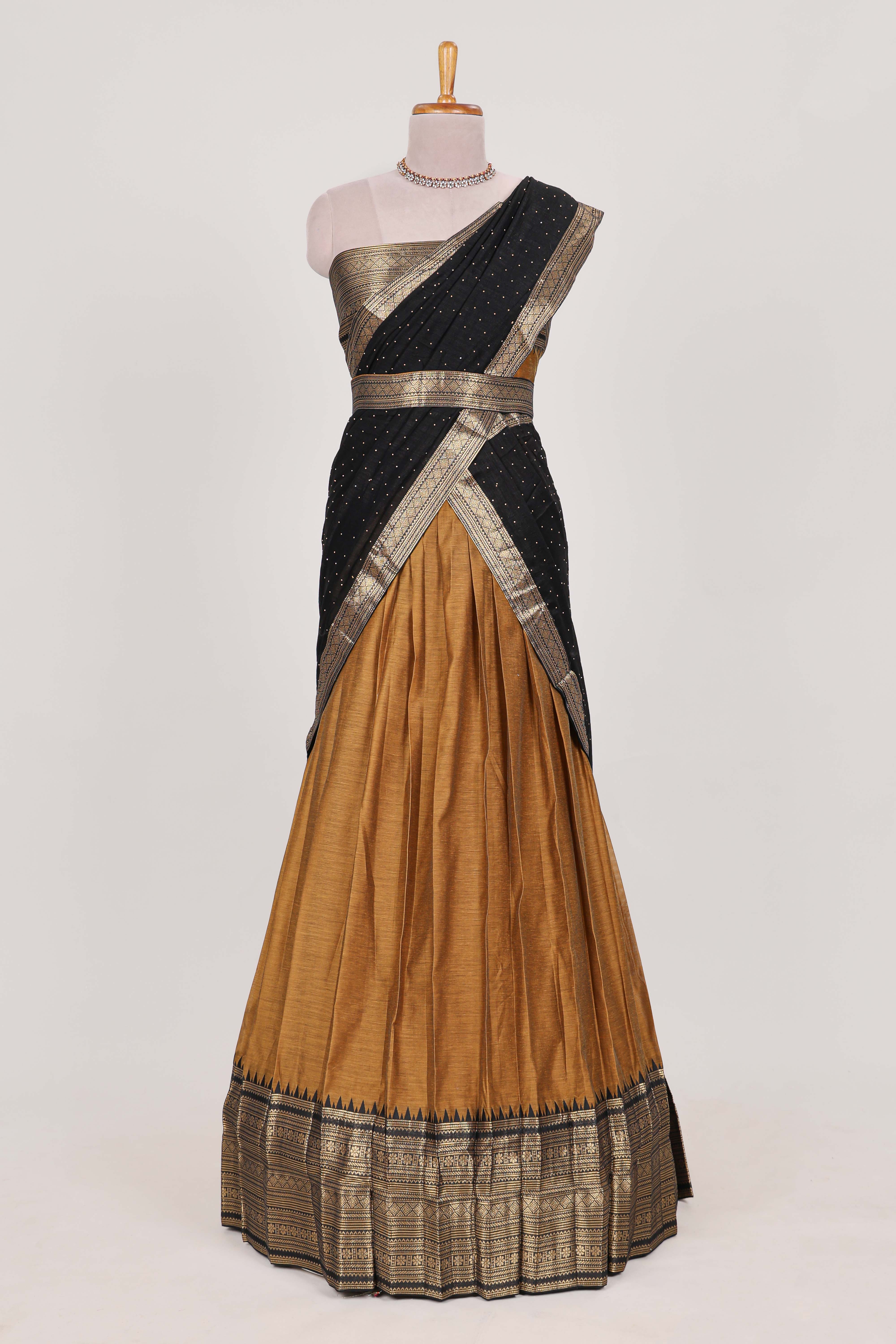 Antique Gold Cotton Half Saree with Gold Zari Border Traditional Embroidery and Elegant Tassel Detailing