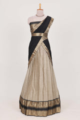 Beige and Black Cotton Half Saree with Gold Zari Border Traditional Embroidery and Elegant Tassel Detailing
