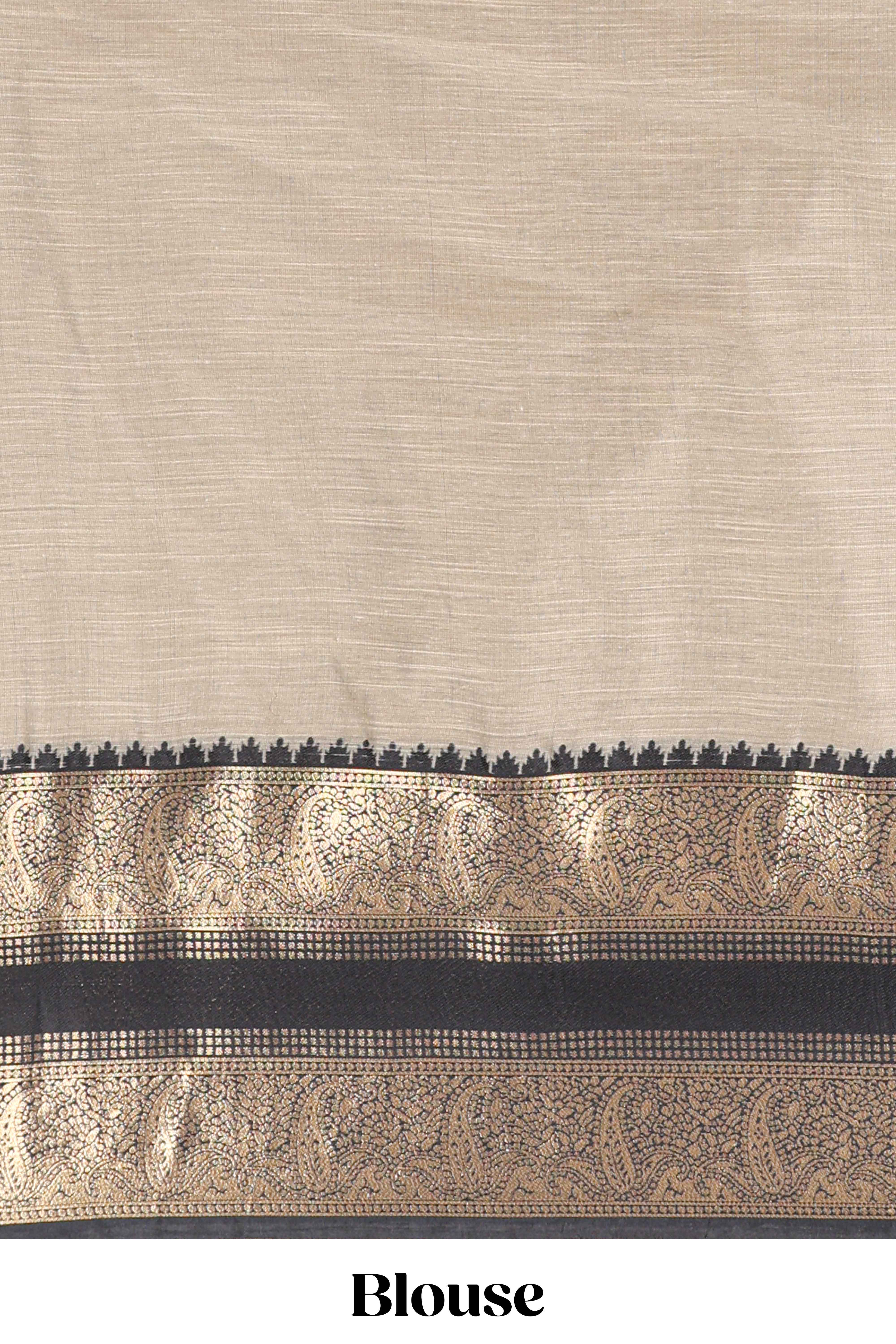 Beige and Black Cotton Half Saree with Gold Zari Border Traditional Embroidery and Elegant Tassel Detailing