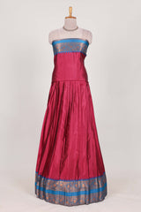 Rose with Blue Cotton Half Saree with Copper Zari Border Traditional Embroidery and Elegant Tassel Detailing