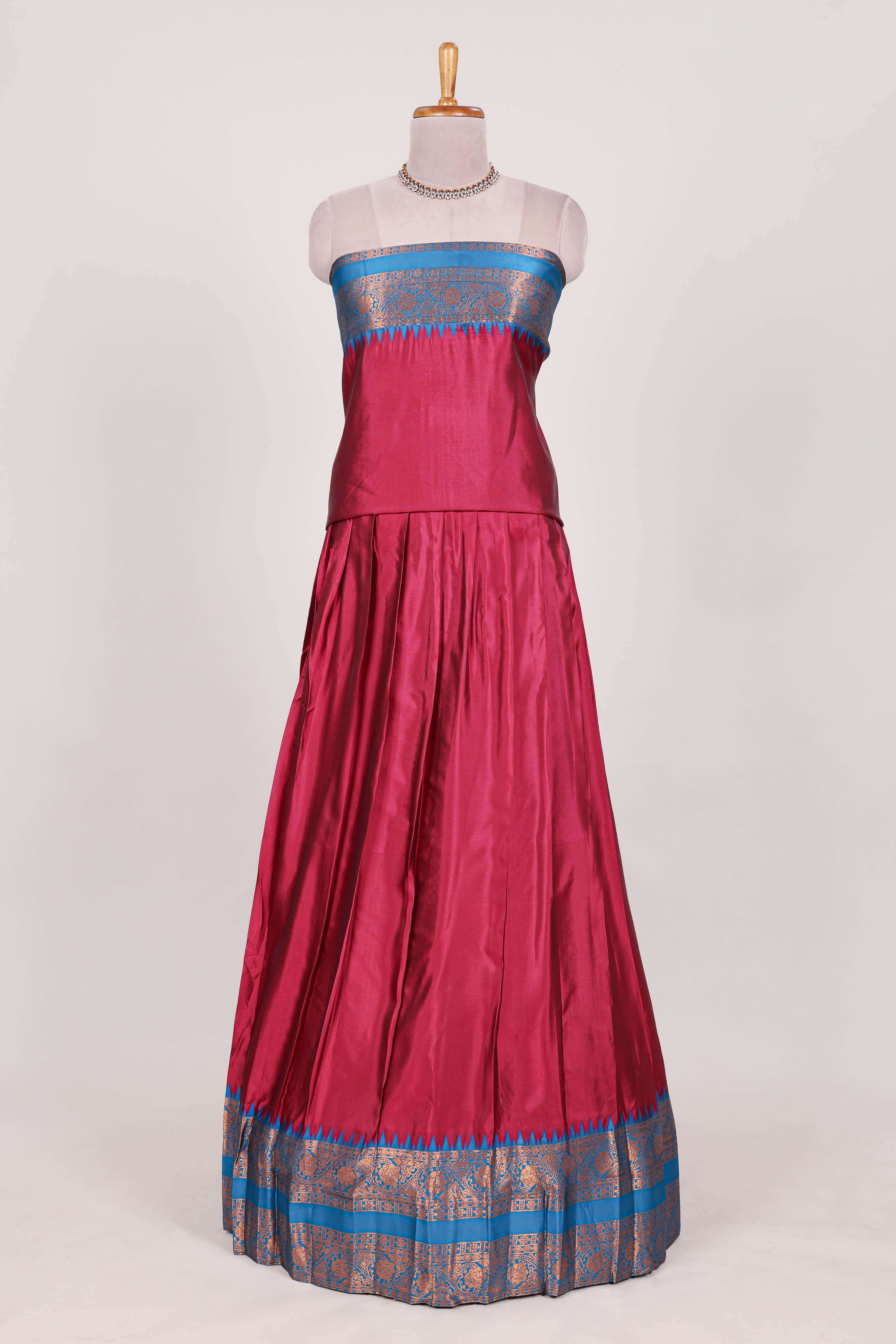 Rose with Blue Cotton Half Saree with Copper Zari Border Traditional Embroidery and Elegant Tassel Detailing