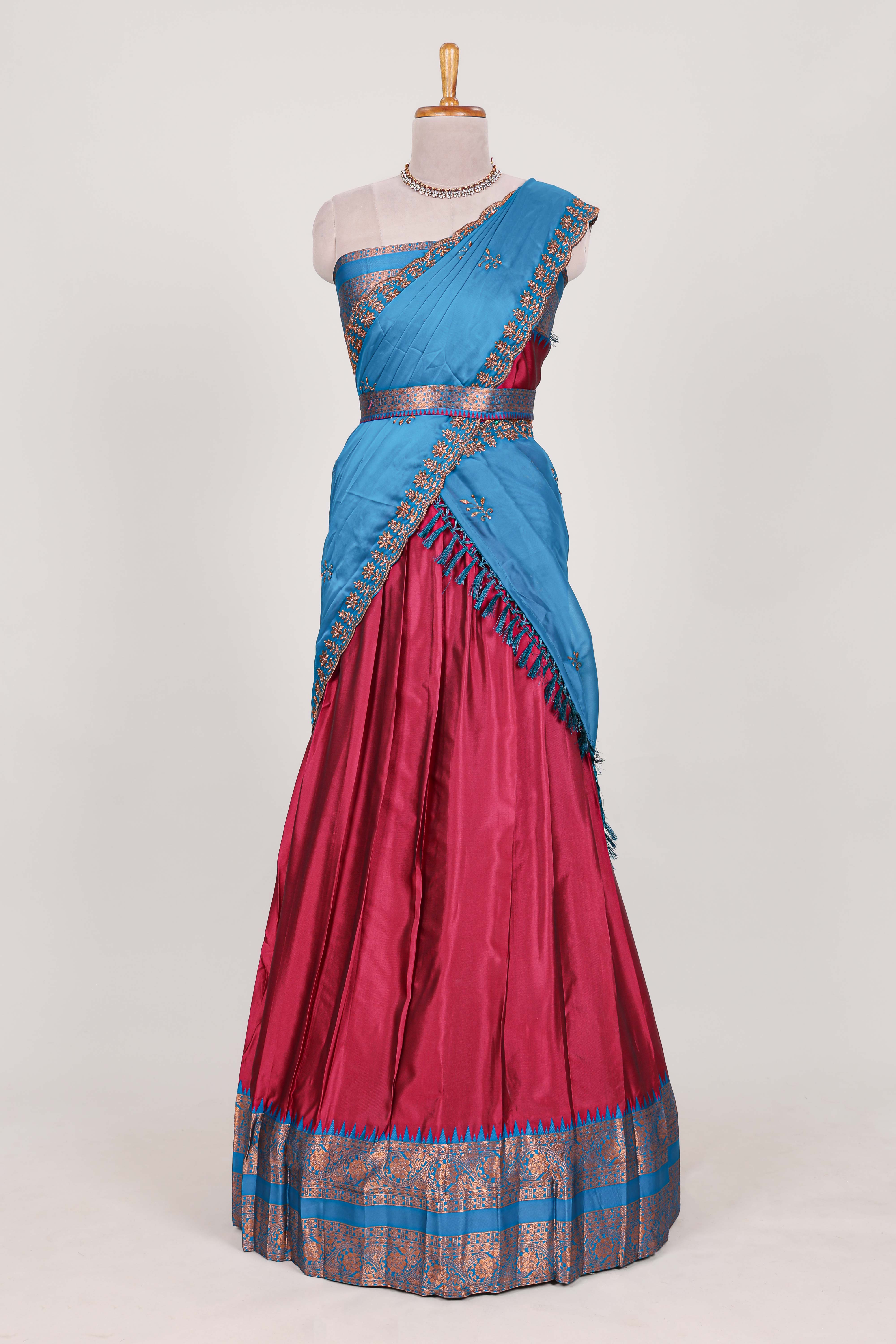 Rose with Blue Cotton Half Saree with Copper Zari Border Traditional Embroidery and Elegant Tassel Detailing